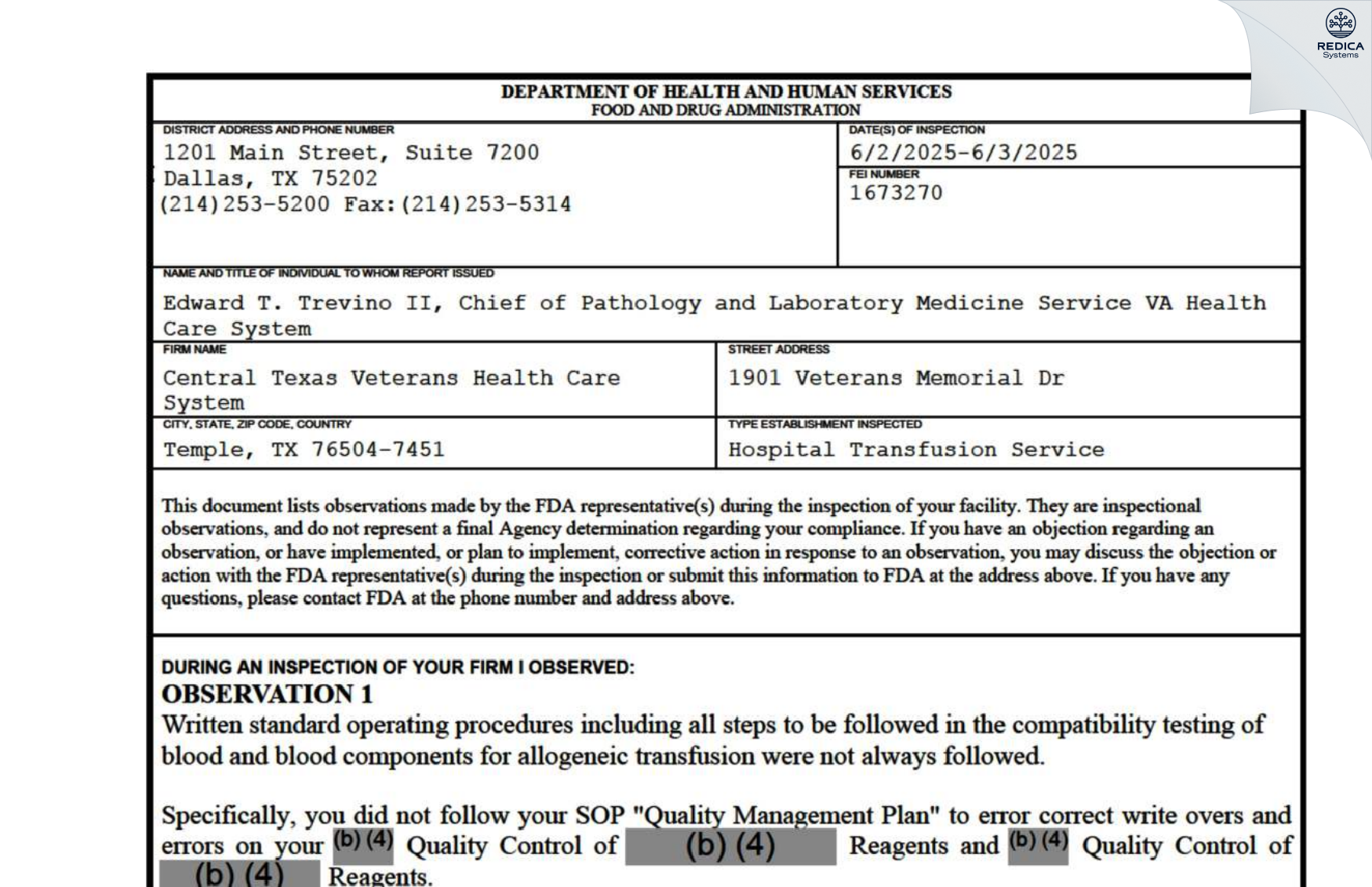 FDA 483 - Central Texas Veterans Health Care System [Temple / United States of America] - Download PDF - Redica Systems