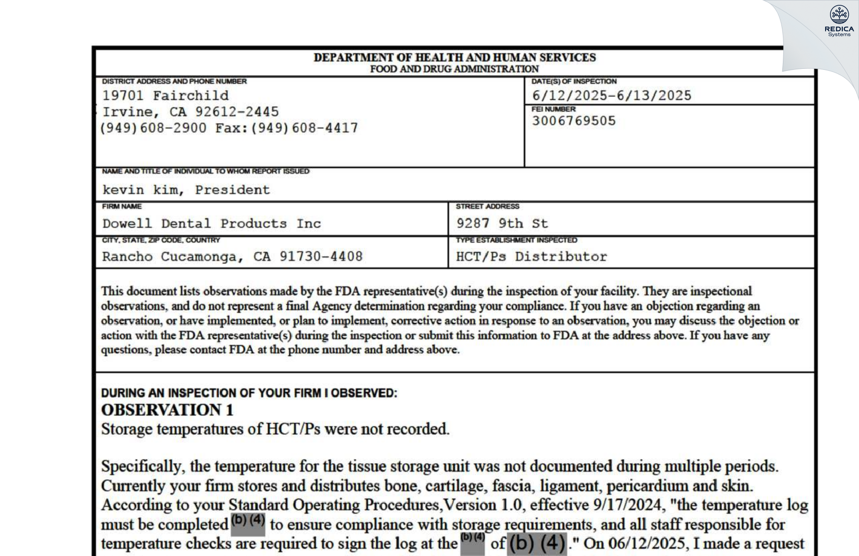 FDA 483 - Dowell Dental Products Inc [Chino / United States of America] - Download PDF - Redica Systems