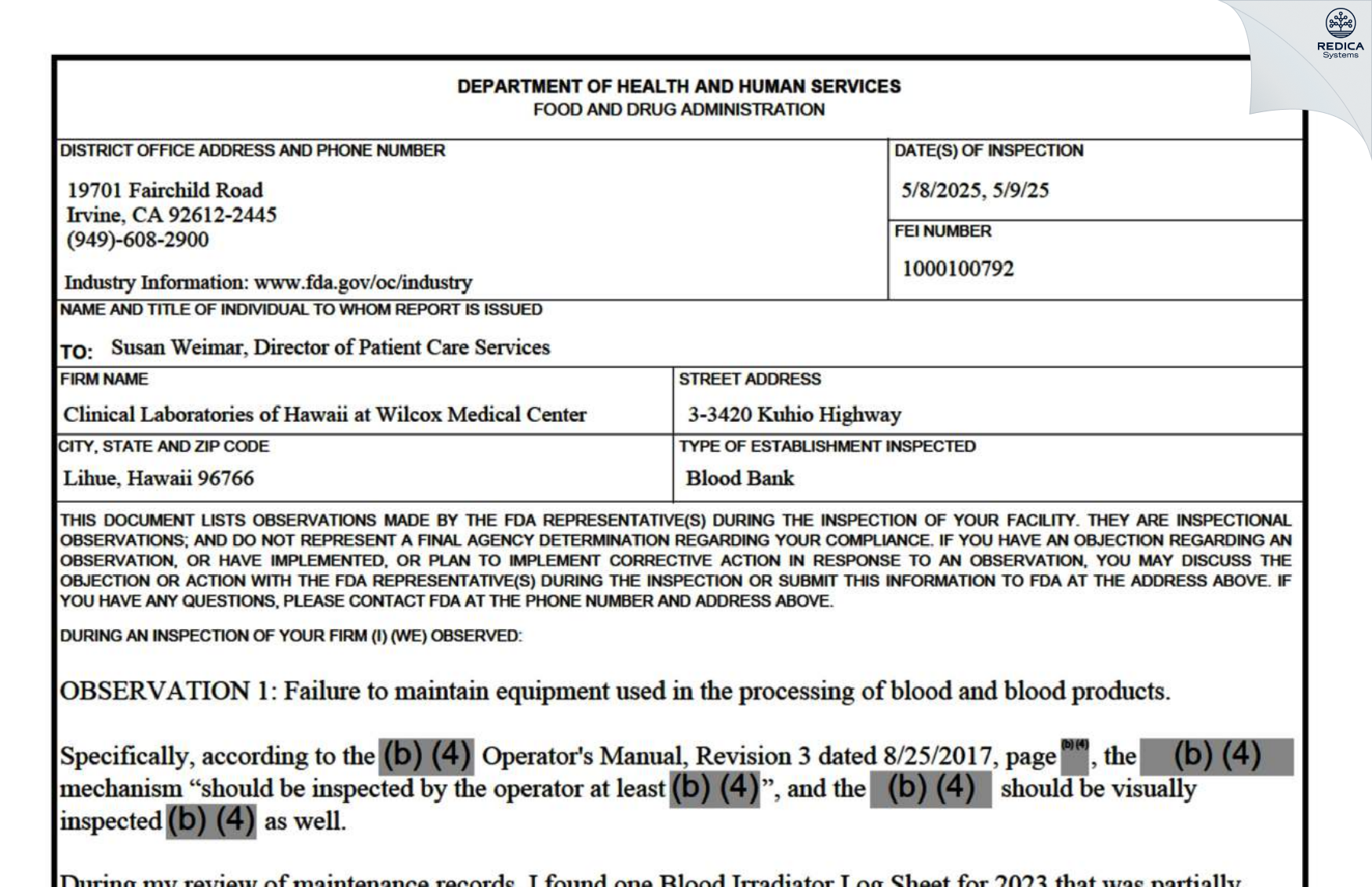 FDA 483 - Clinical Laboratories of HI at Wilcox Mem Hospital (Lab) [Lihue / United States of America] - Download PDF - Redica Systems