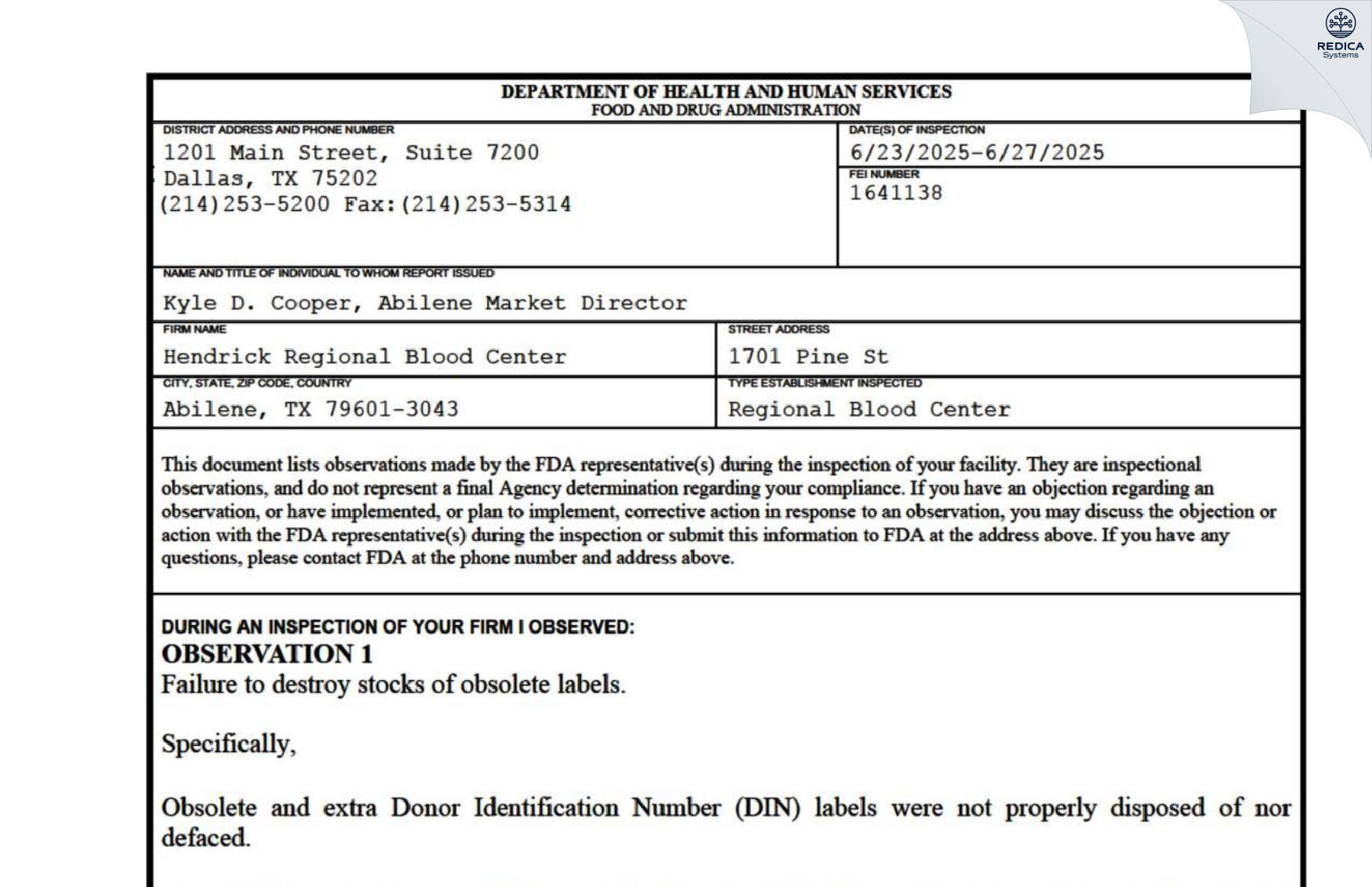 FDA 483 - Hendrick Regional Blood Center [Abilene / United States of America] - Download PDF - Redica Systems