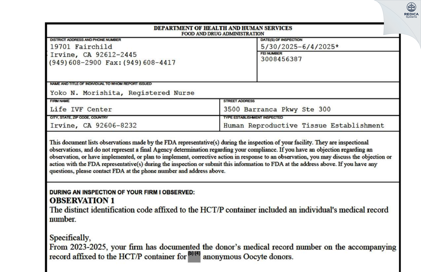 FDA 483 - Life IVF Center [Irvine / United States of America] - Download PDF - Redica Systems
