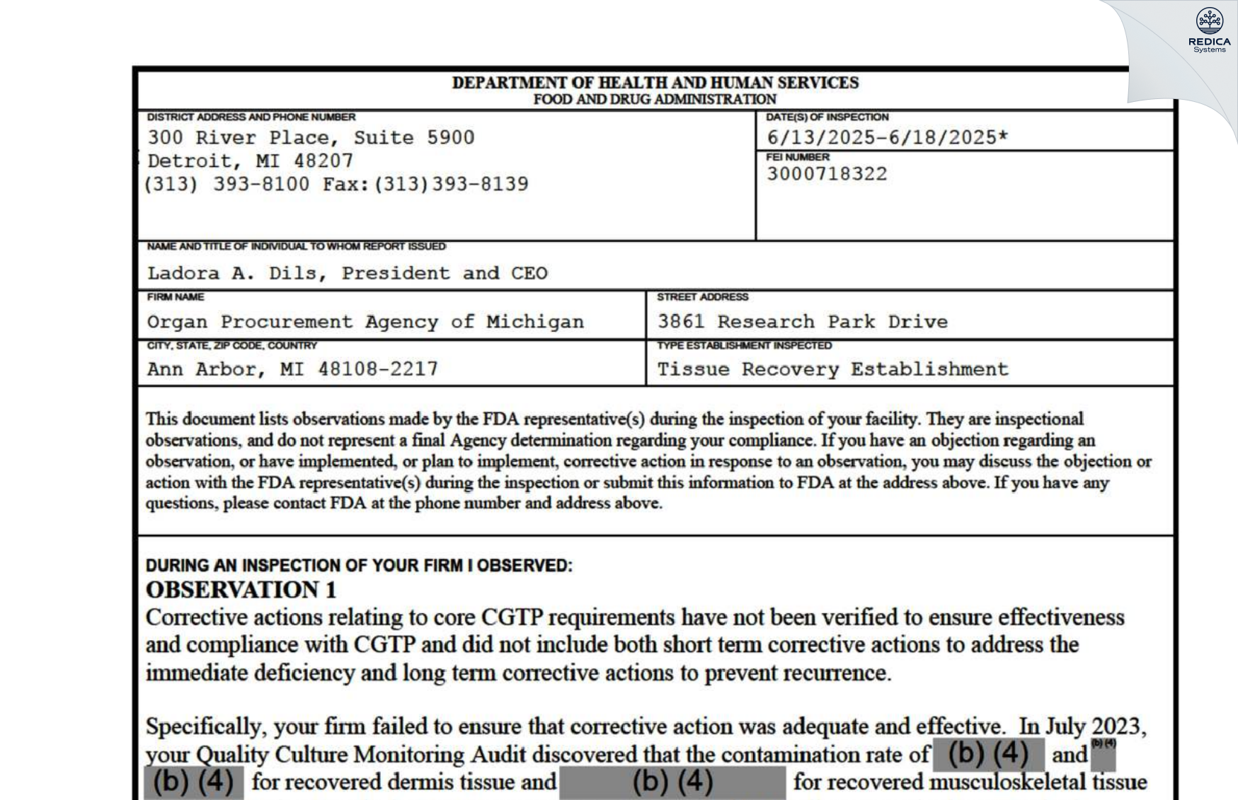 FDA 483 - Organ Procurement Agency of Michigan [Ann Arbor / United States of America] - Download PDF - Redica Systems