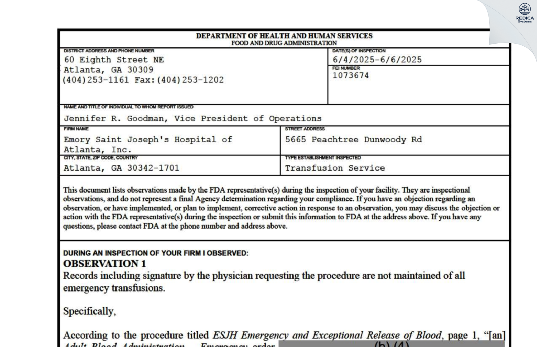 FDA 483 - St Joseph's Hospital of Atlanta, Inc. [Atlanta / United States of America] - Download PDF - Redica Systems