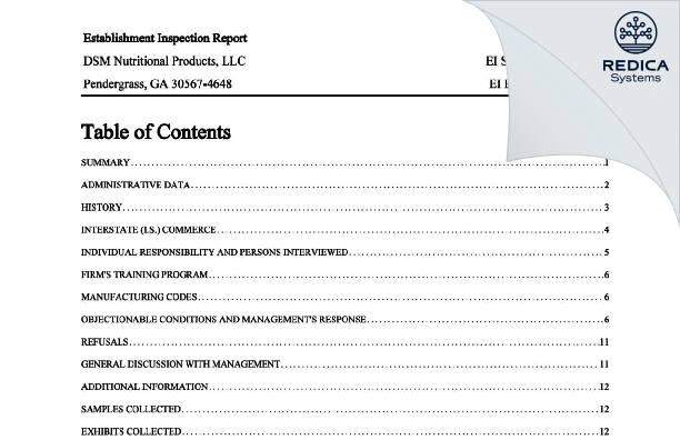 EIR - DSM Nutritional Products, LLC [Pendergrass / United States of America] - Download PDF - Redica Systems
