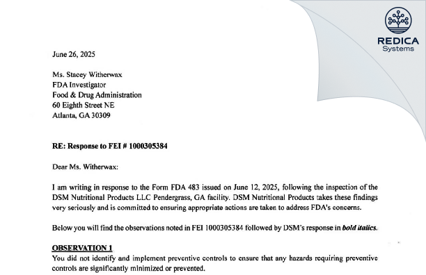 FDA 483 Response - DSM Nutritional Products, LLC [Pendergrass / United States of America] - Download PDF - Redica Systems
