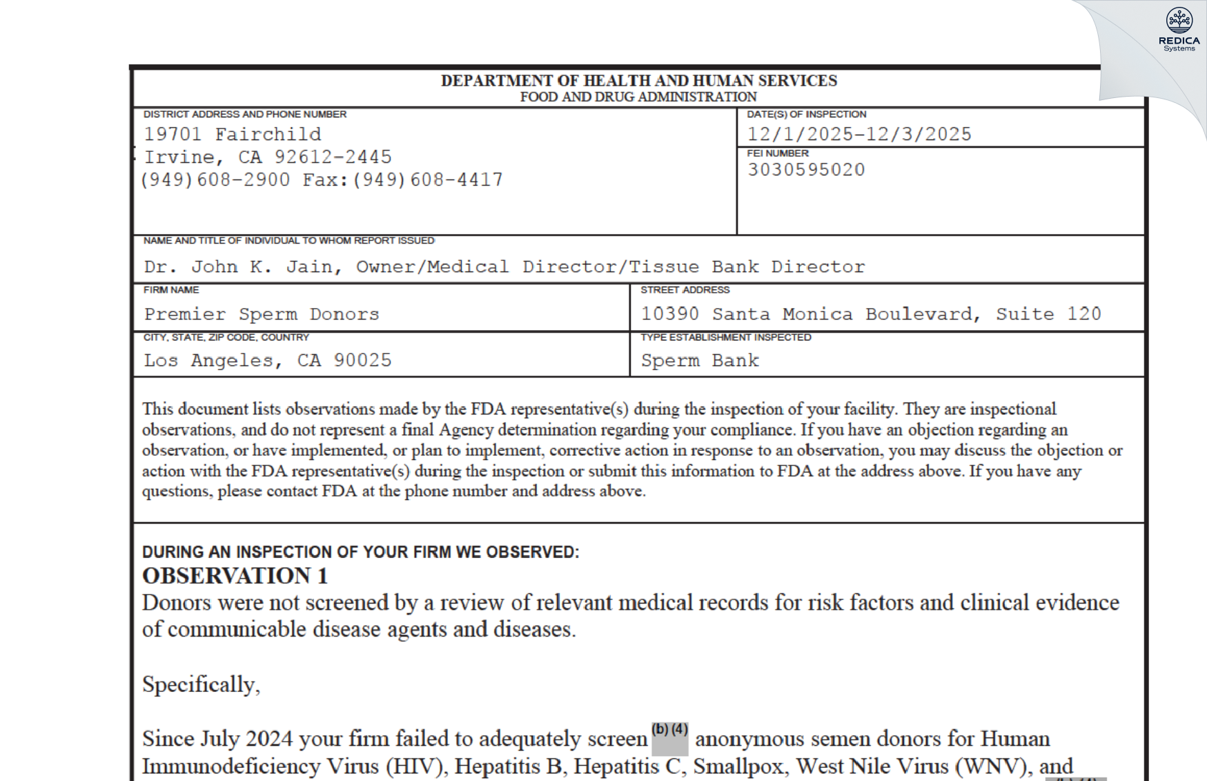 FDA 483 - Premier Sperm Donors [Santa Monica / United States of America] - Download PDF - Redica Systems