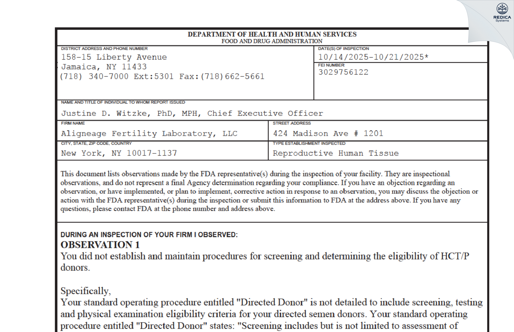 FDA 483 - Aligneage Fertility Laboratory, LLC [New York / United States of America] - Download PDF - Redica Systems
