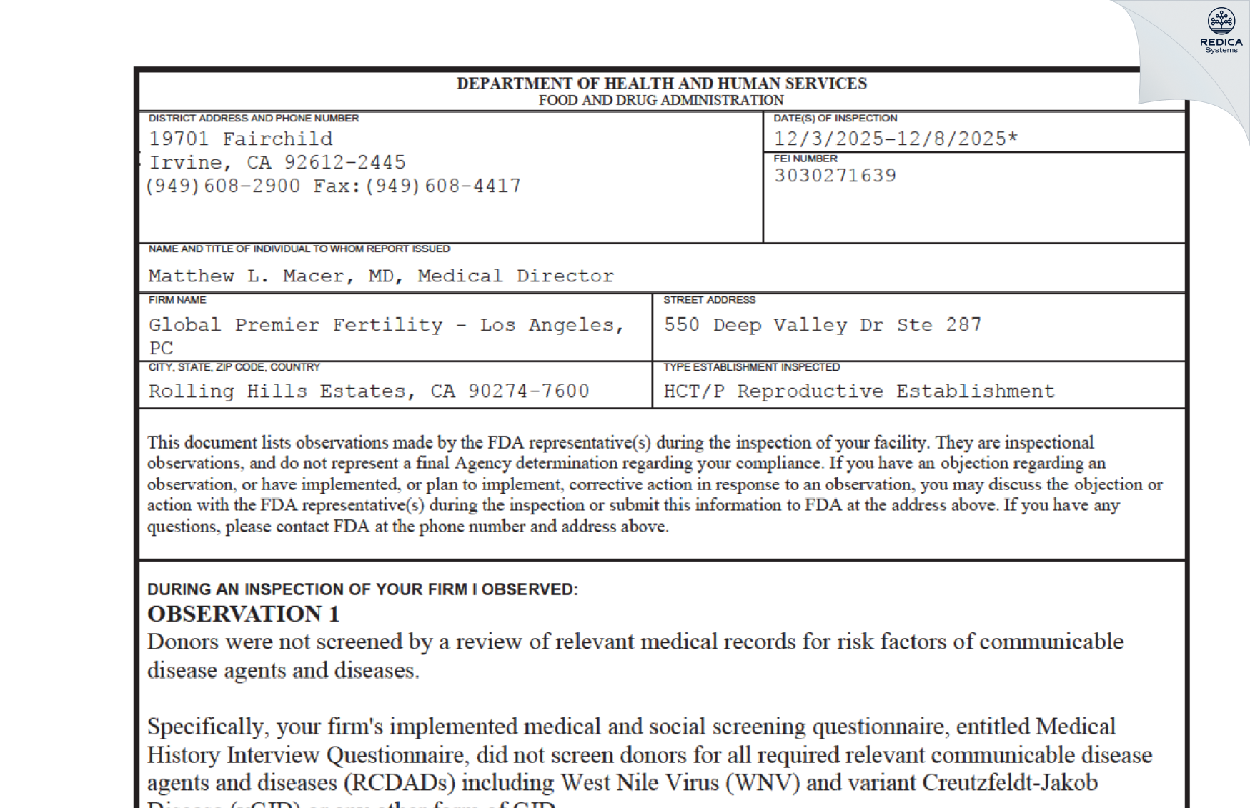 FDA 483 - Global Premier Fertility Los Angeles [Rolling Hills Estates / United States of America] - Download PDF - Redica Systems