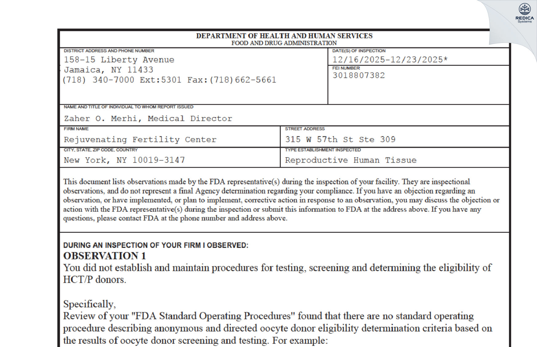 FDA 483 - Rejuvenating Fertility Center [New York / United States of America] - Download PDF - Redica Systems