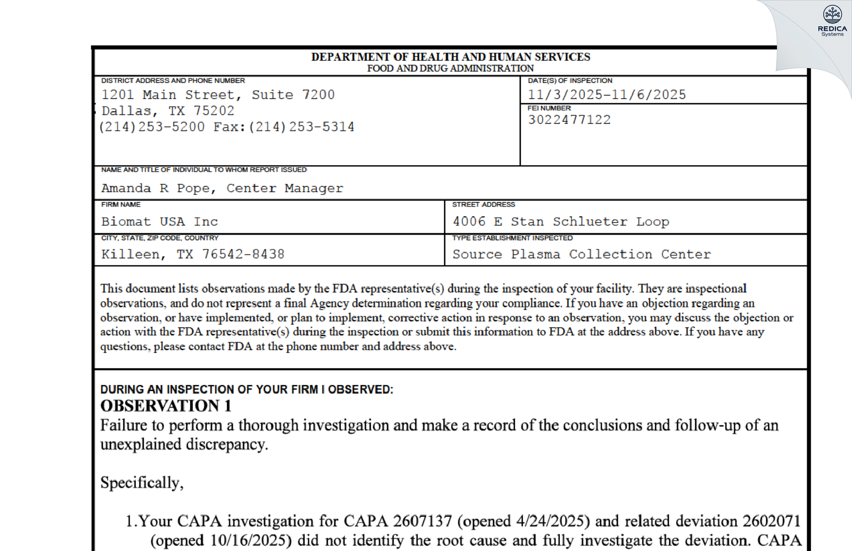 FDA 483 - BioTek America LLC [Killeen / United States of America] - Download PDF - Redica Systems