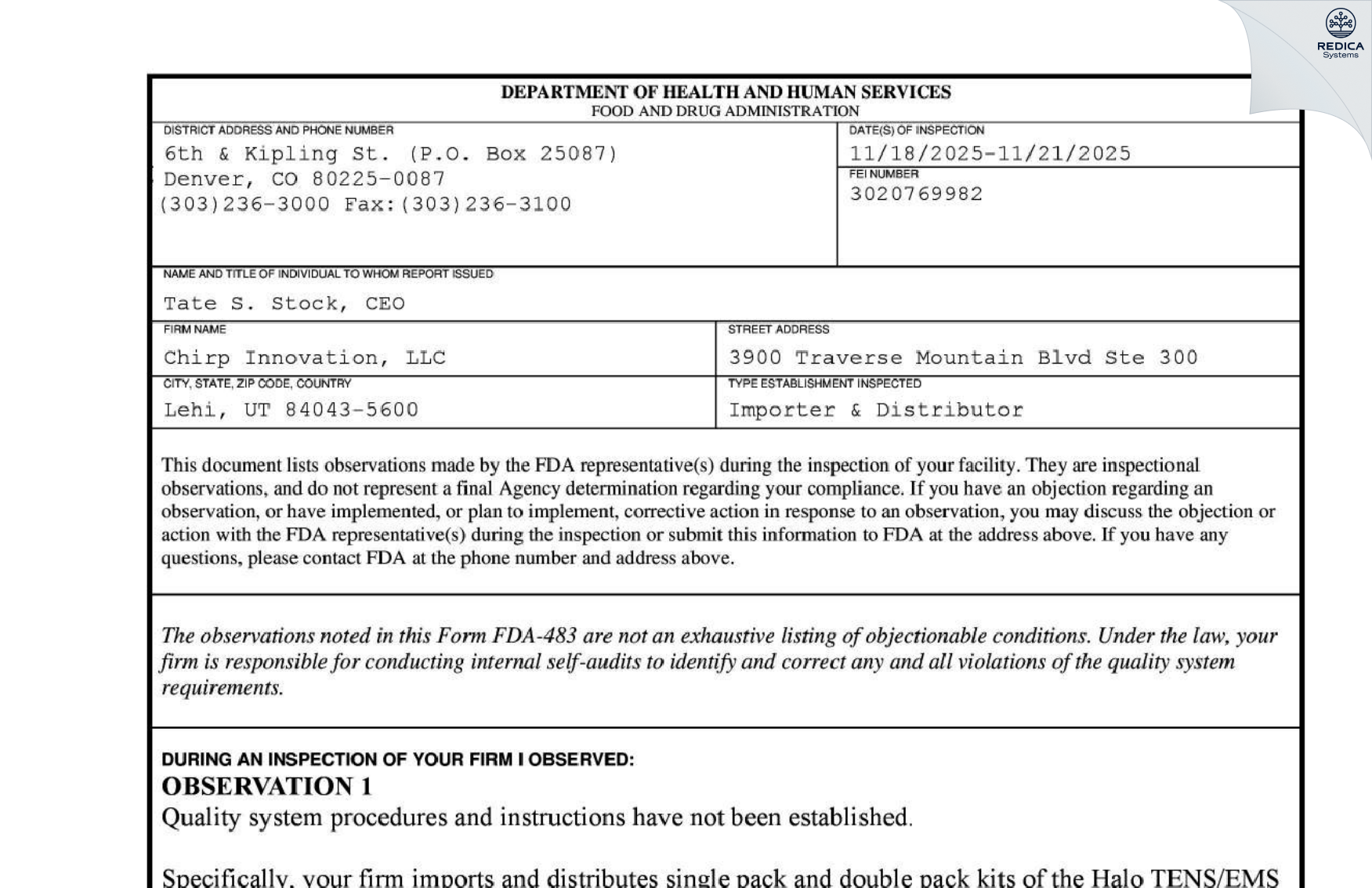 FDA 483 - Plexus Yoga LLC dba Chirp [Lehi / United States of America] - Download PDF - Redica Systems
