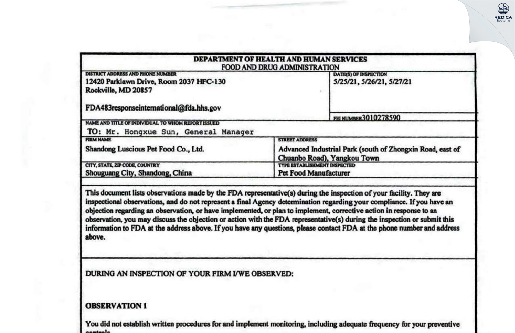 FDA 483 - Shandong Luscious Pet Food [Shouguang / China] - Download PDF - Redica Systems