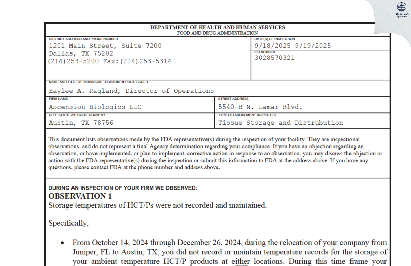 FDA 483 - Ascension Biologics Llc [Austin / United States of America] - Download PDF - Redica Systems