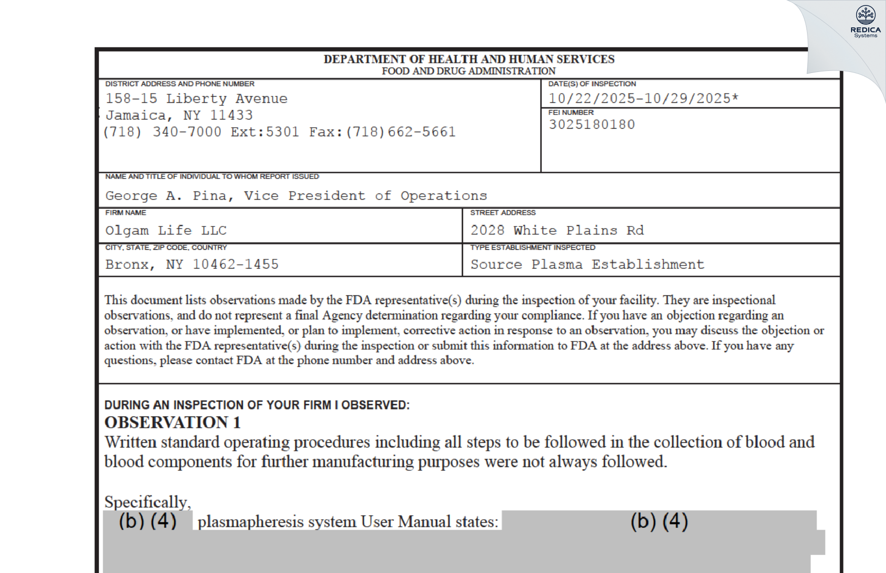 FDA 483 - Olgam Life LLC [Bronx / United States of America] - Download PDF - Redica Systems