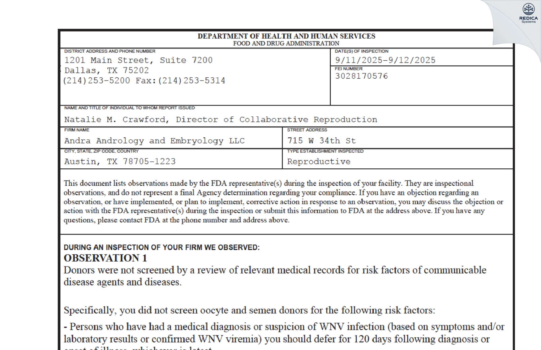 FDA 483 - Andra Andrology And Embryology Llc [Austin / United States of America] - Download PDF - Redica Systems