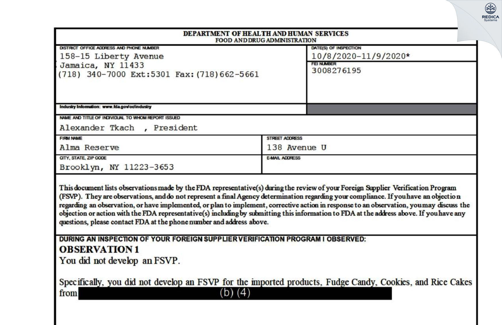 FDA 483 - Alma Reserve [Brooklyn / United States of America] - Download PDF - Redica Systems