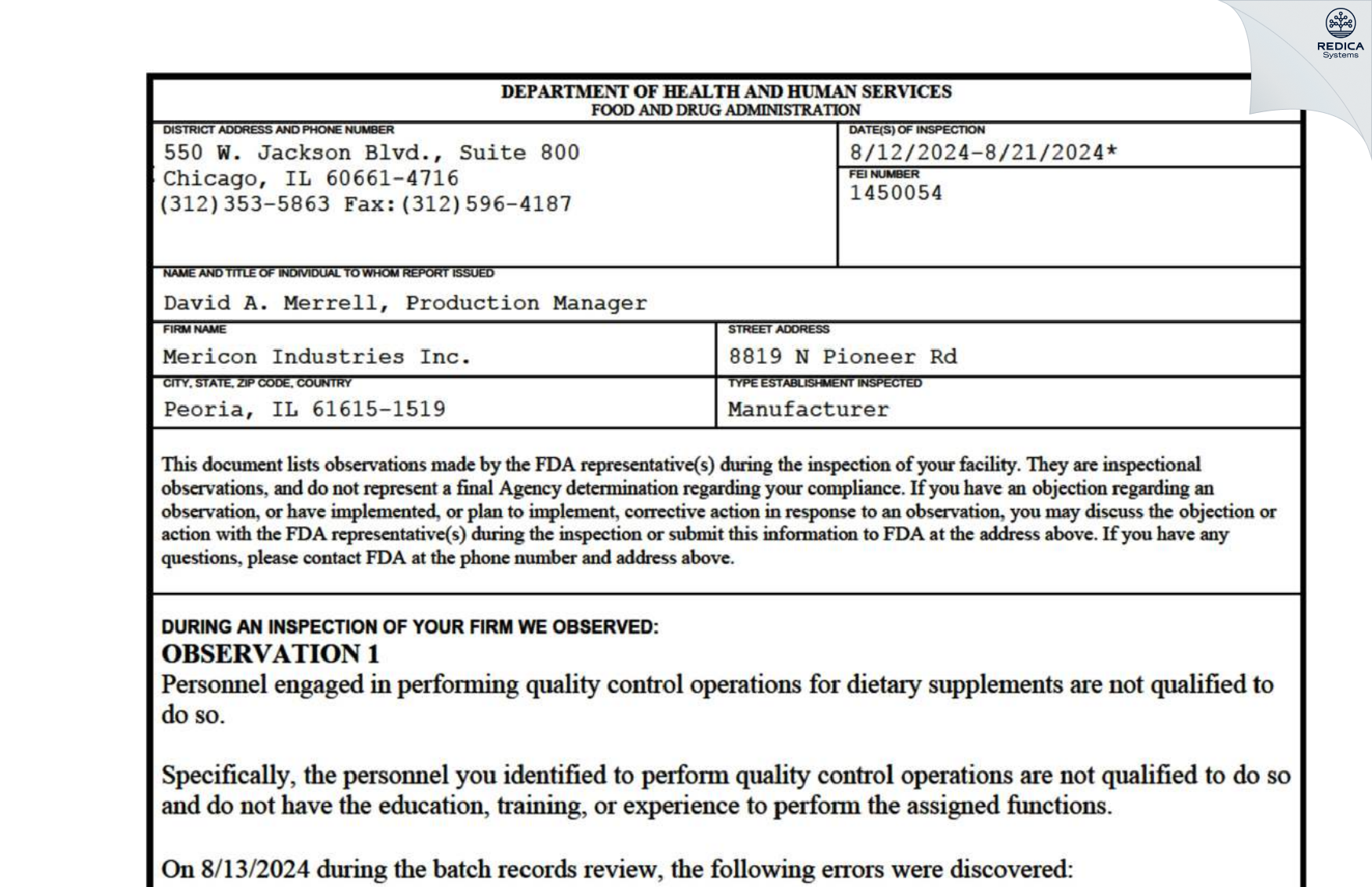 FDA 483 - MERICON INDUSTRIES, INC. [Peoria / United States of America] - Download PDF - Redica Systems