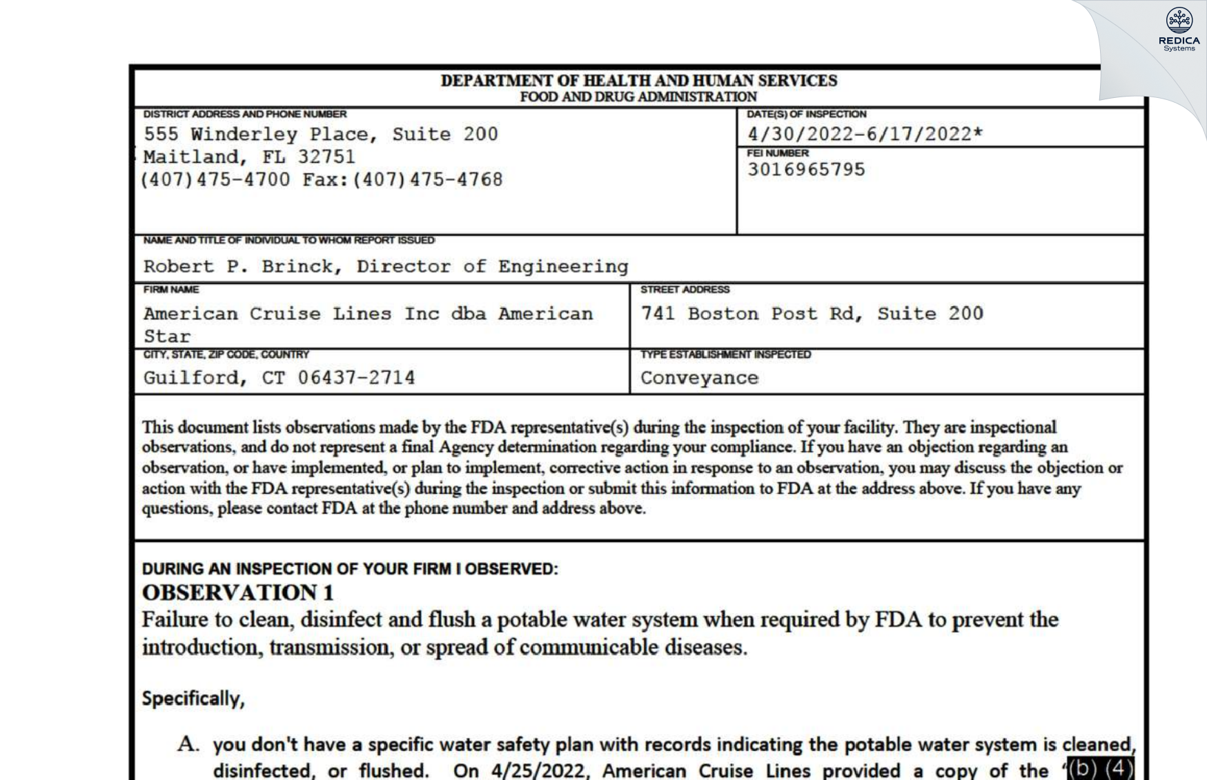 FDA 483 - American Cruise Lines Inc dba American Star [Guilford / United States of America] - Download PDF - Redica Systems