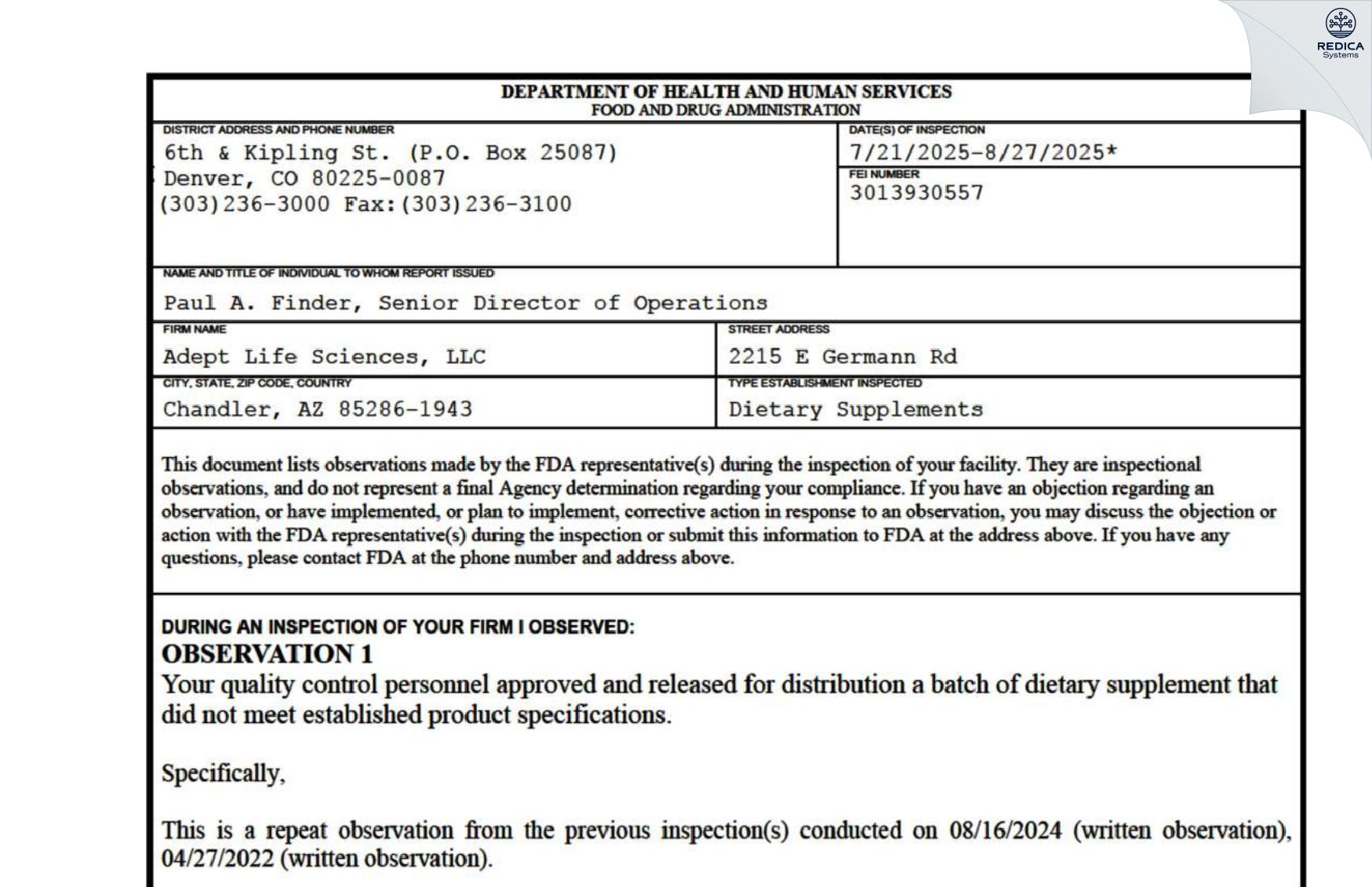 FDA 483 - Adept Life Science, LLC [Chandler / United States of America] - Download PDF - Redica Systems