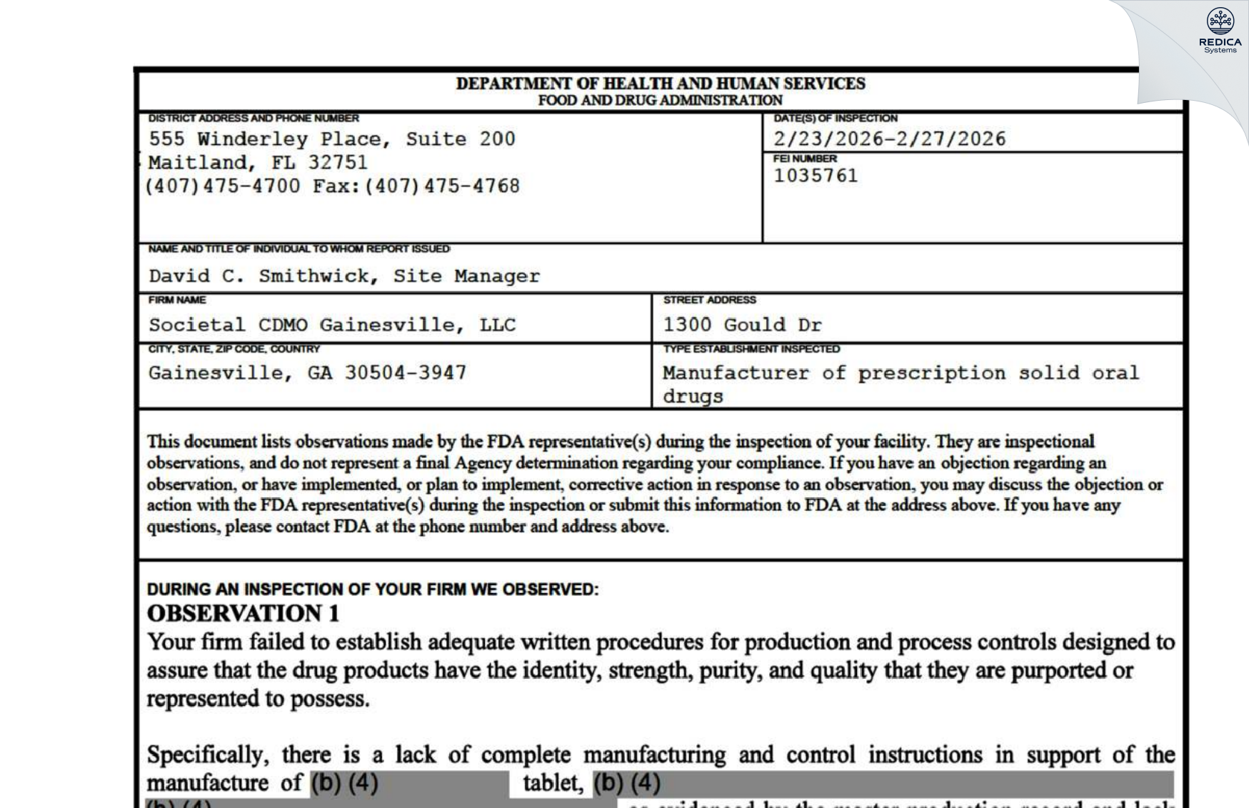 FDA 483 - Societal CDMO Gainesville, LLC [Gainesville / United States of America] - Download PDF - Redica Systems