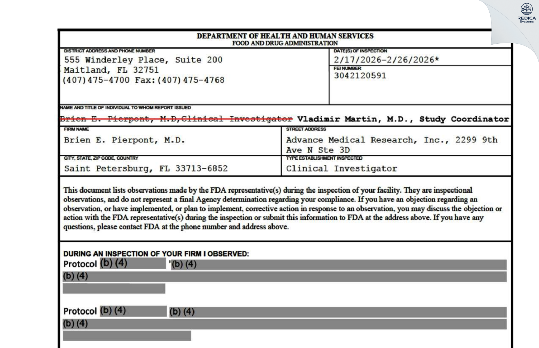 FDA 483 - Brien E. Pierpont, M.D. [Saint Petersburg / United States of America] - Download PDF - Redica Systems