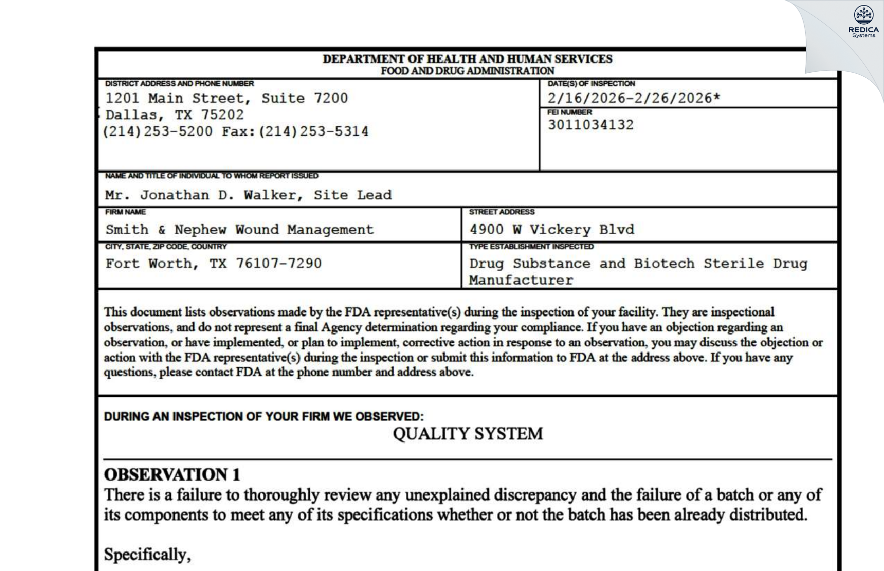 FDA 483 - Smith & Nephew Wound Management [Fort Worth / United States of America] - Download PDF - Redica Systems