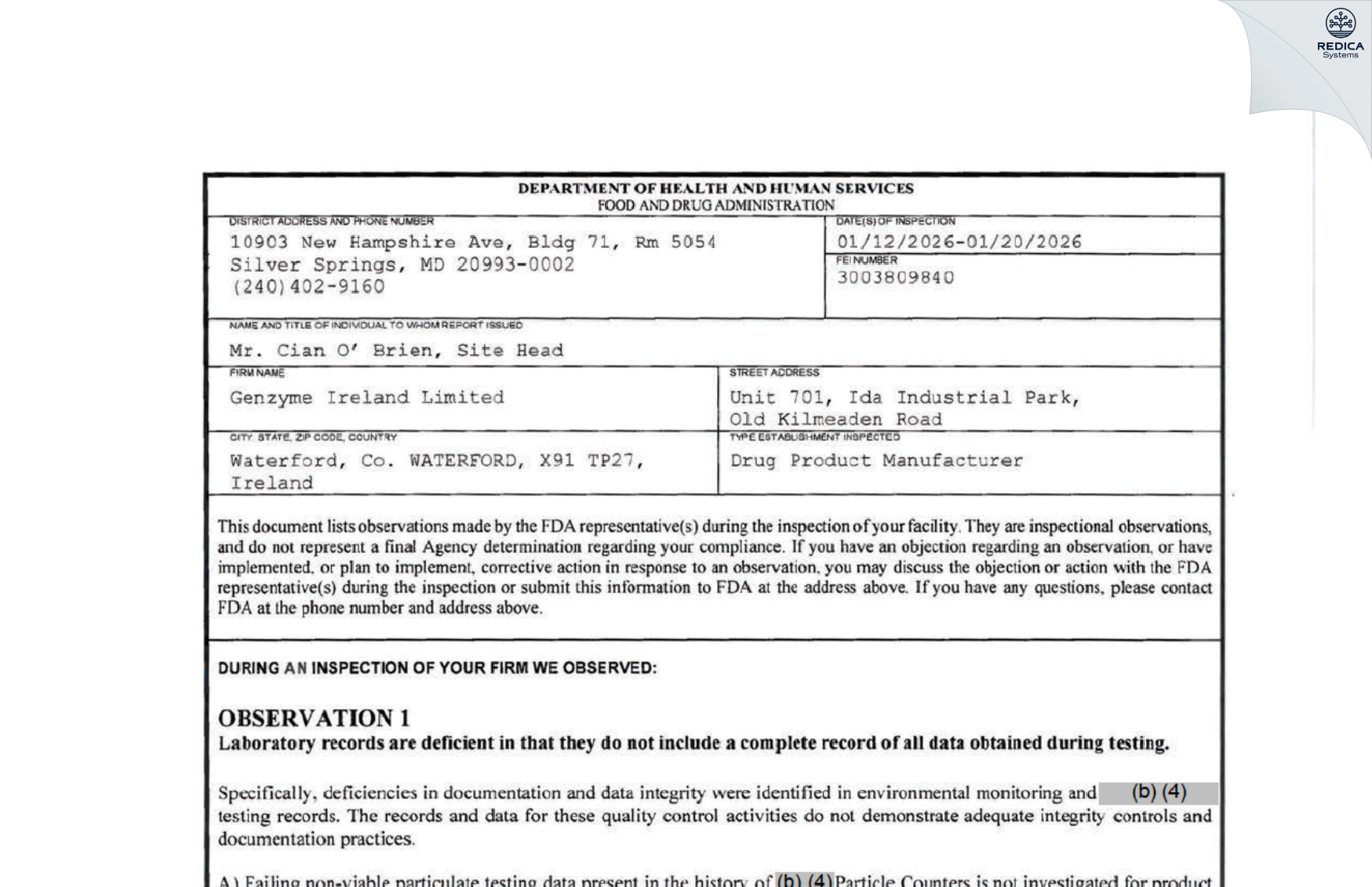 FDA 483 - Genzyme Ireland Limited [Waterford / Ireland] - Download PDF - Redica Systems