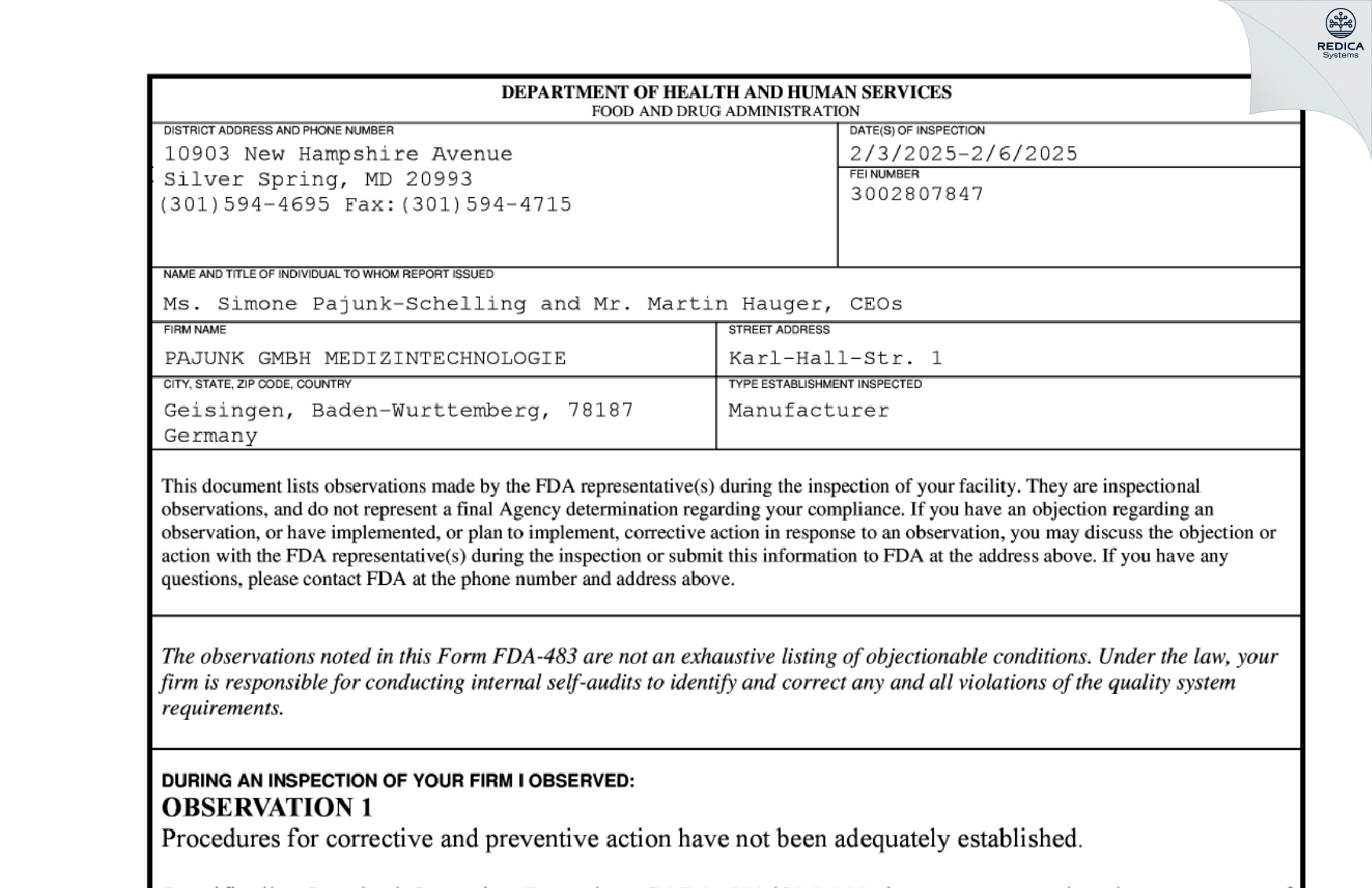 FDA 483 - Pajunk GmbH [Geisingen / Germany] - Download PDF - Redica Systems