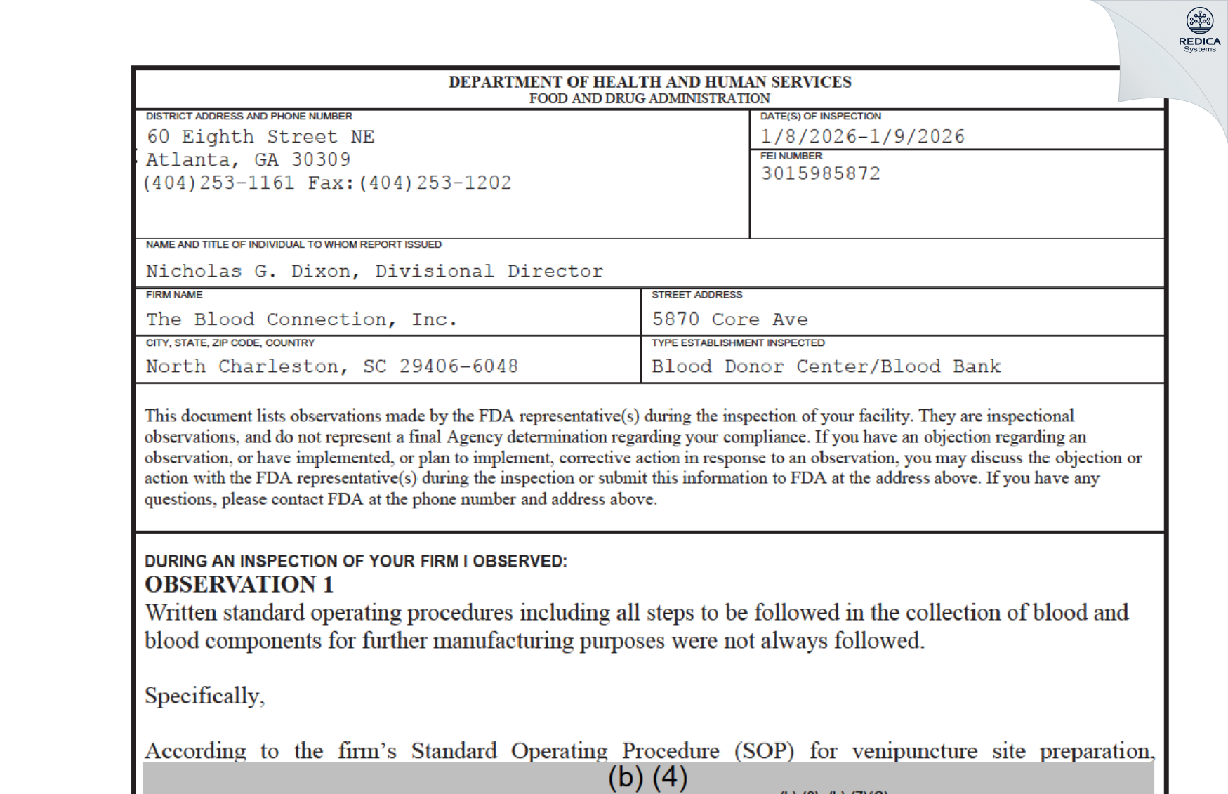 FDA 483 - Blood Connection Inc (the) [North Charleston / United States of America] - Download PDF - Redica Systems