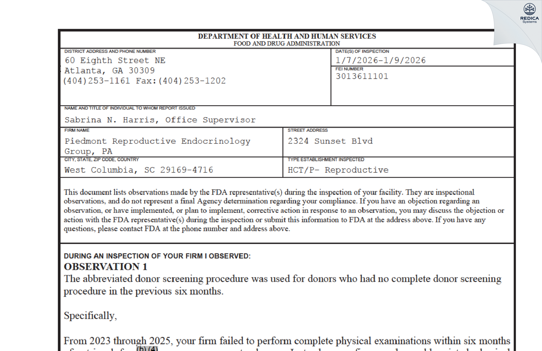 FDA 483 - Piedmont Reproductive Endocrinology Group, PA [West Columbia / United States of America] - Download PDF - Redica Systems