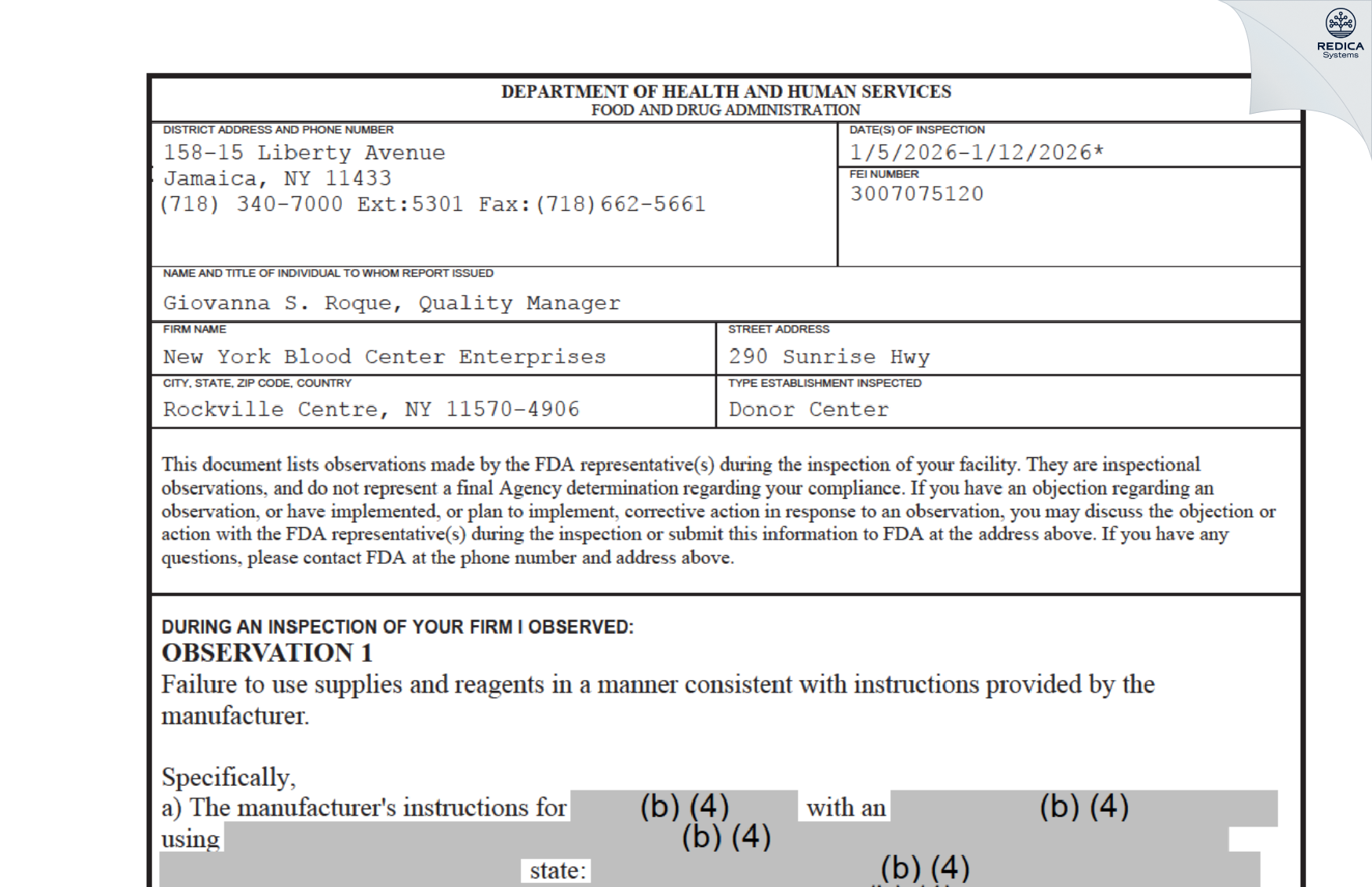 FDA 483 - Donor Center Of Nybc [Rockville Centre / United States of America] - Download PDF - Redica Systems