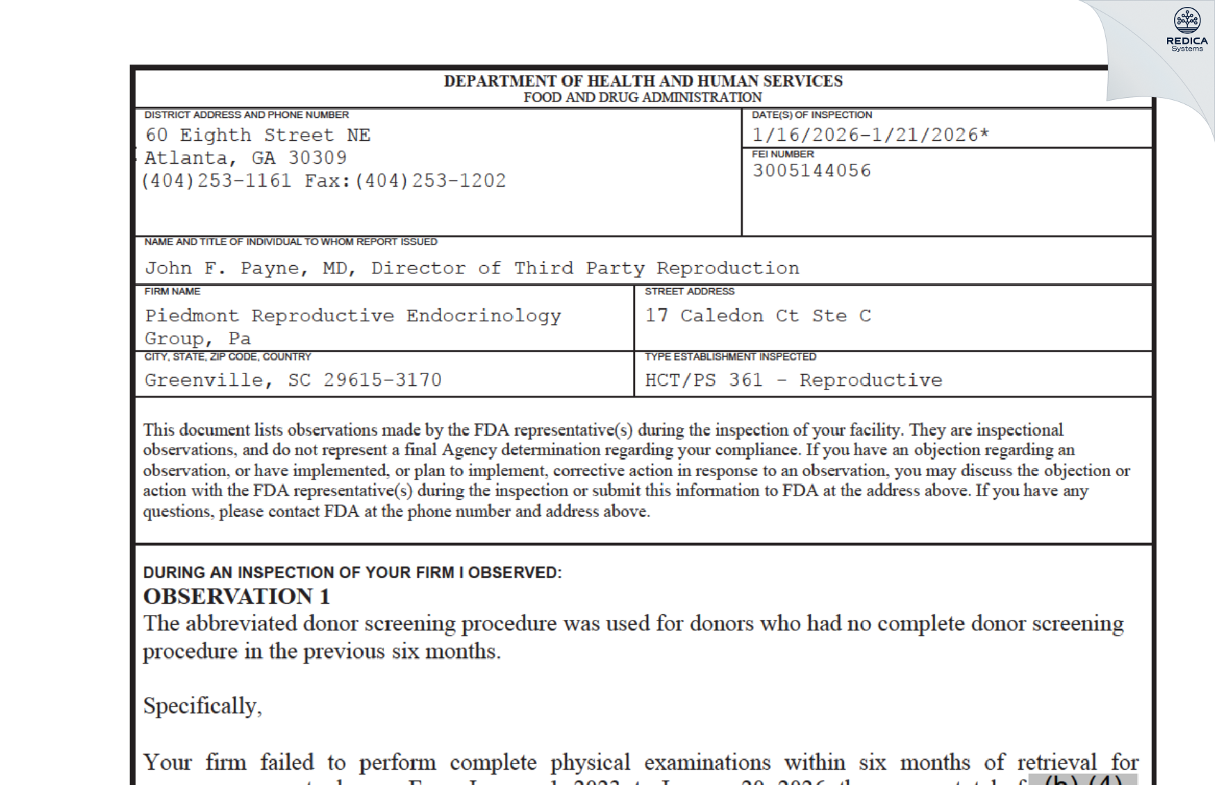 FDA 483 - Piedmont Reproductive Endocrinology Group, Pa [Greenville / United States of America] - Download PDF - Redica Systems