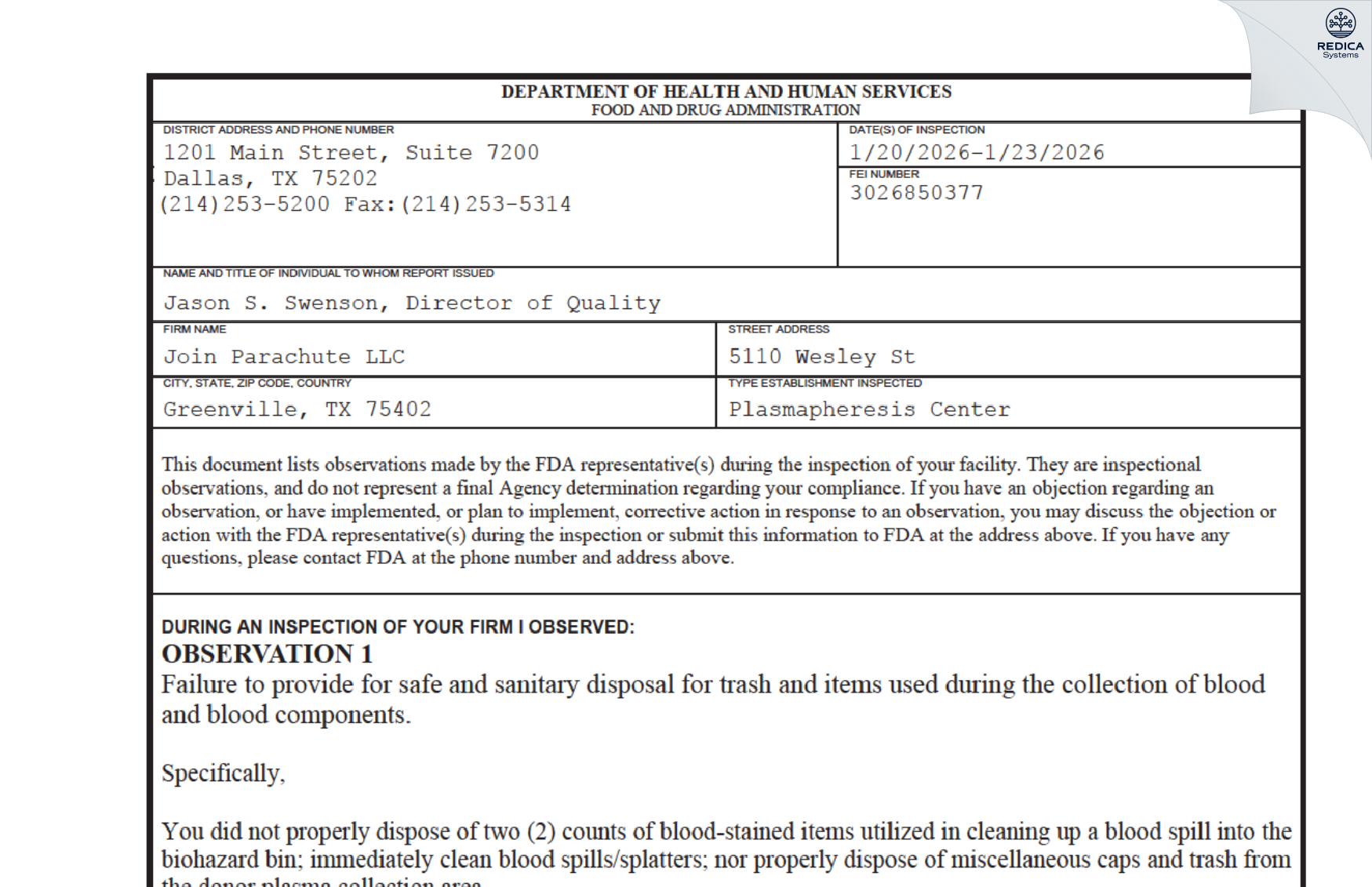 FDA 483 - Join Parachute LLC [Greenville / United States of America] - Download PDF - Redica Systems