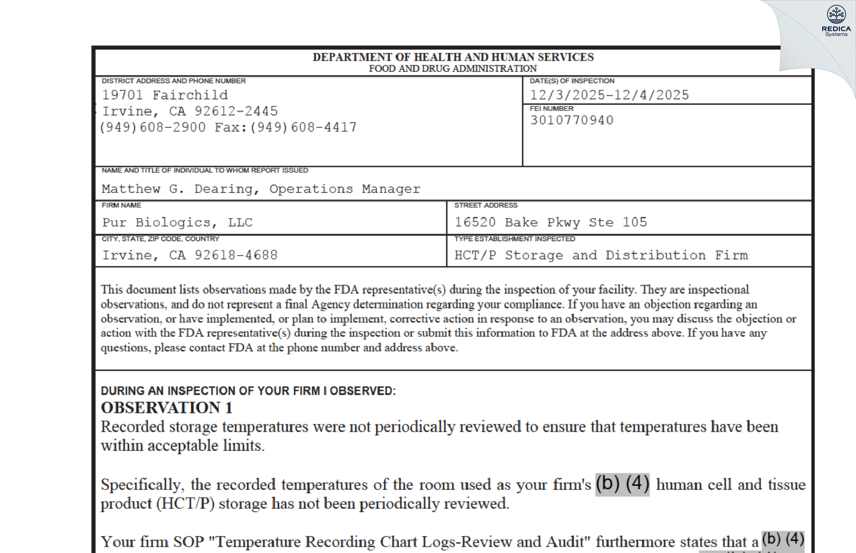FDA 483 - PUR BIOLOGICS, LLC [Irvine / United States of America] - Download PDF - Redica Systems