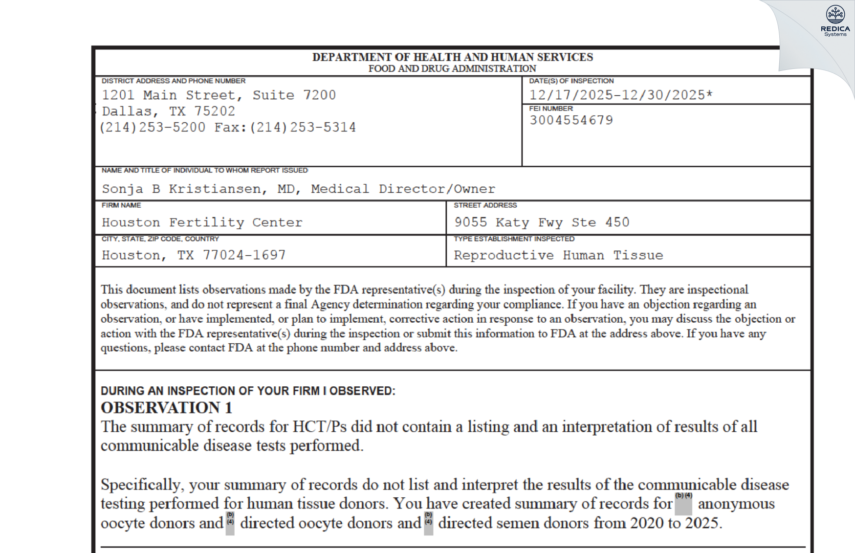 FDA 483 - Houston Fertility Center [Houston / United States of America] - Download PDF - Redica Systems
