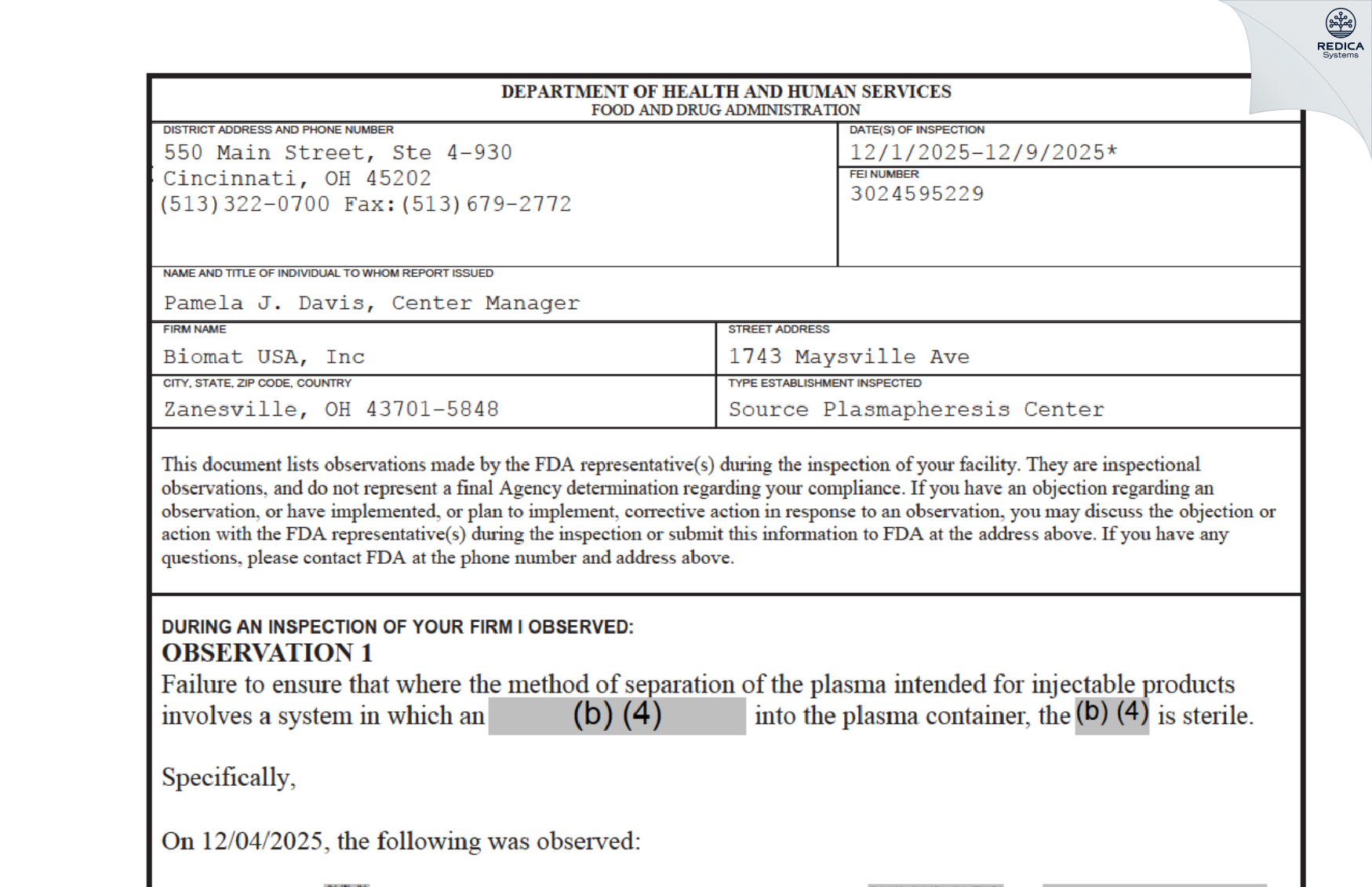 FDA 483 - BioTek America LLC [Zanesville / United States of America] - Download PDF - Redica Systems