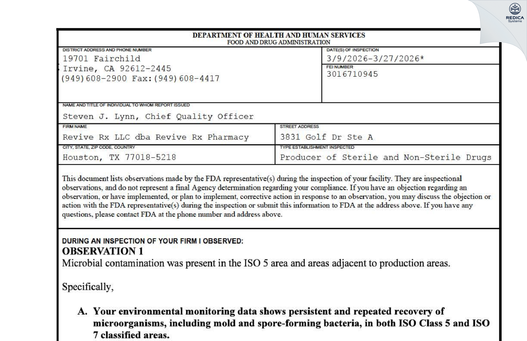 FDA 483 - Revive Rx LLC dba Revive Rx Pharmacy [Houston / United States of America] - Download PDF - Redica Systems