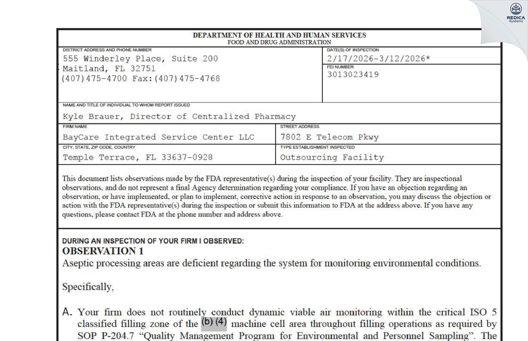 FDA 483 - BayCare Integrated Service Center LLC [Temple Terrace / United States of America] - Download PDF - Redica Systems