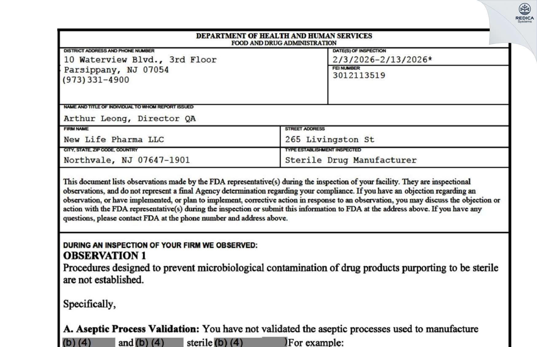 FDA 483 - New Life Pharma LLC [Northvale / United States of America] - Download PDF - Redica Systems