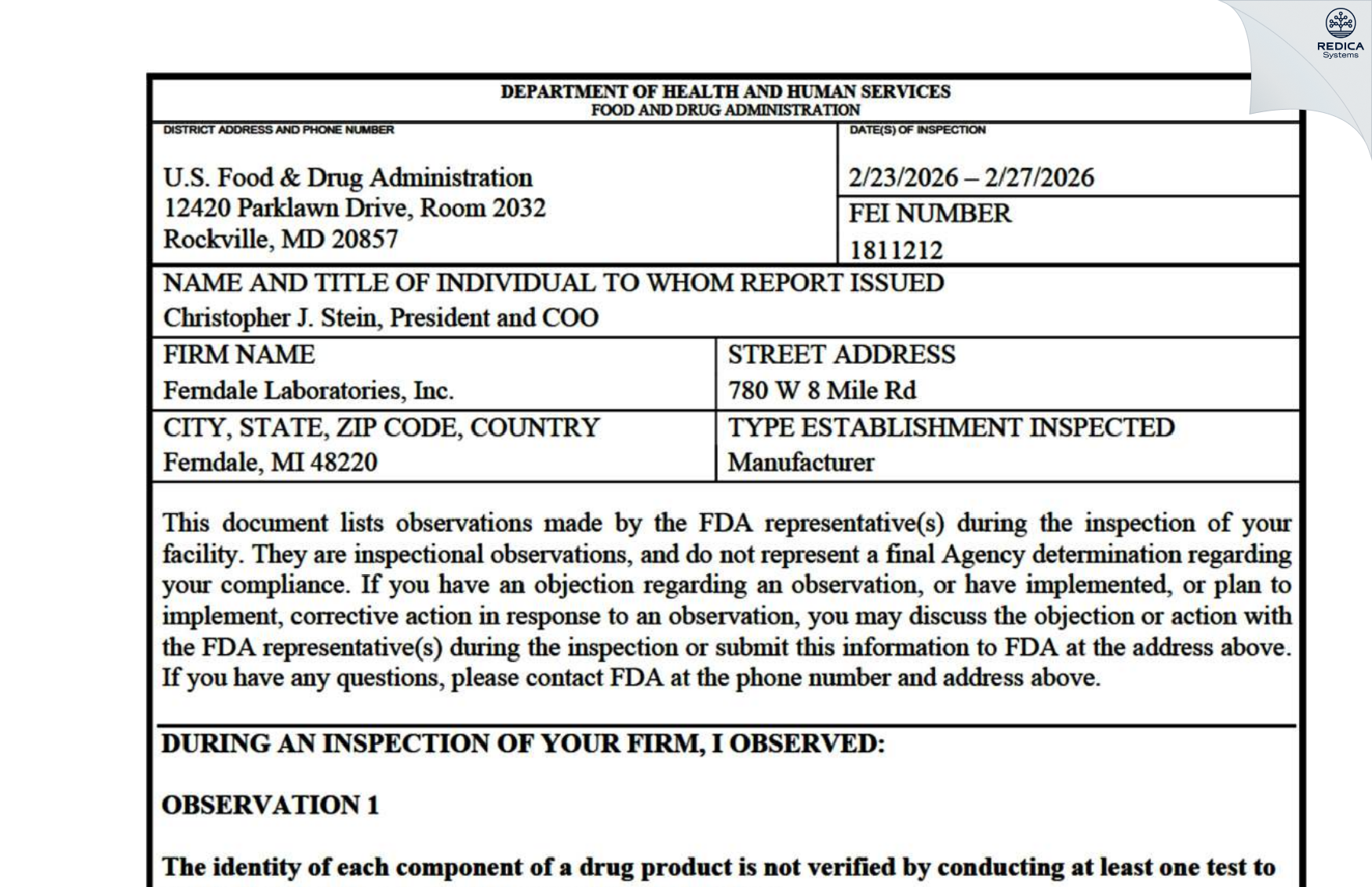 FDA 483 - Ferndale Laboratories, Inc. [Ferndale / United States of America] - Download PDF - Redica Systems