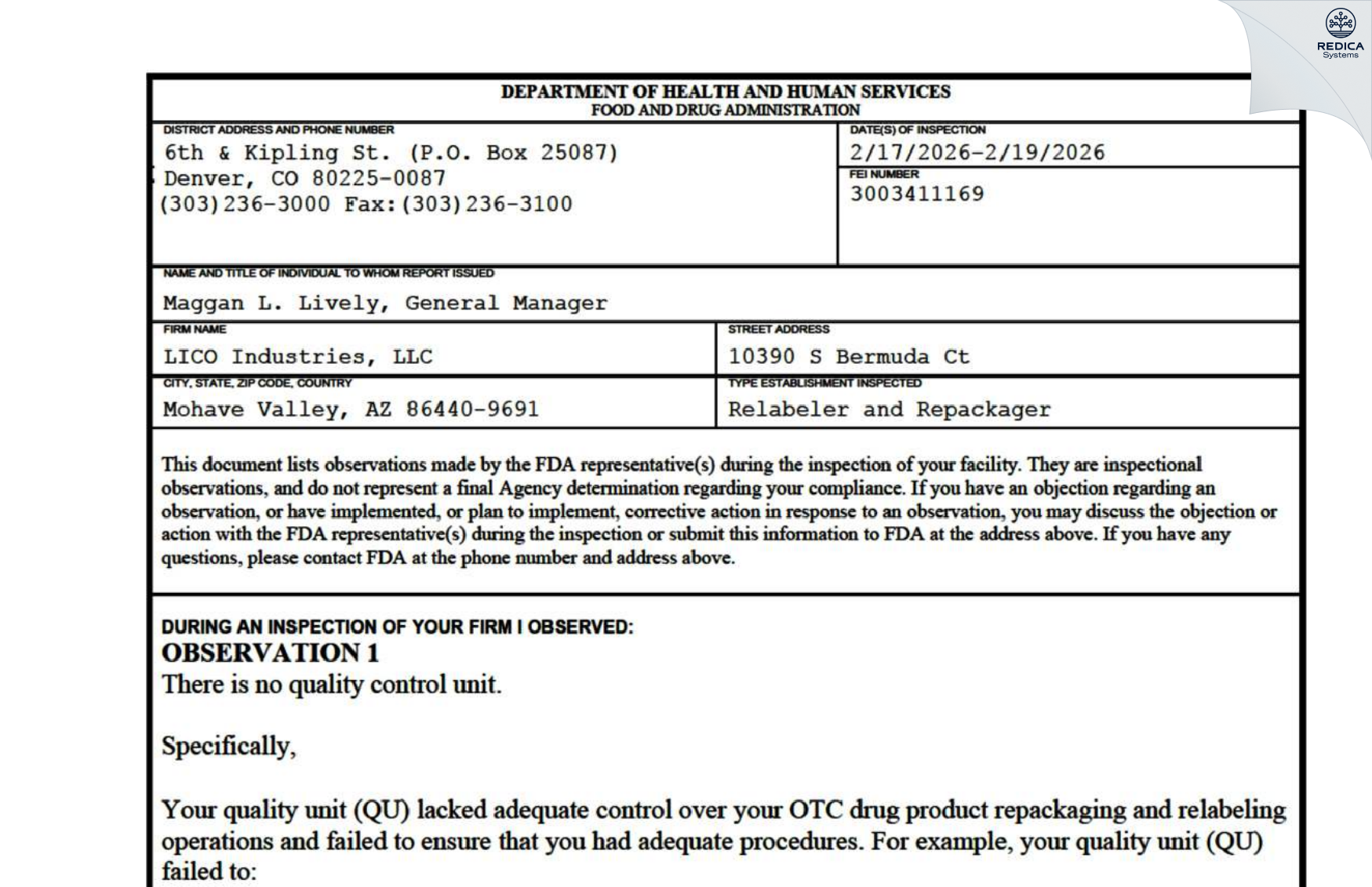 FDA 483 - LICO Industries, LLC [Mohave Valley / United States of America] - Download PDF - Redica Systems