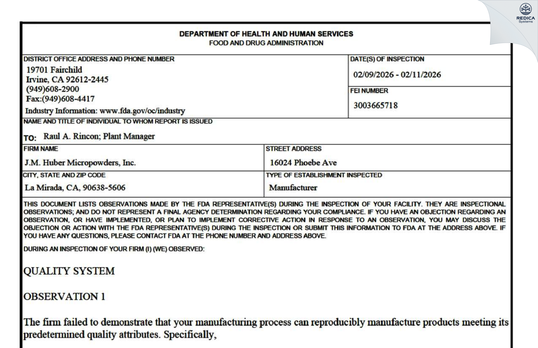 FDA 483 - J.M. Huber Micropowders, Inc. [La Mirada / United States of America] - Download PDF - Redica Systems