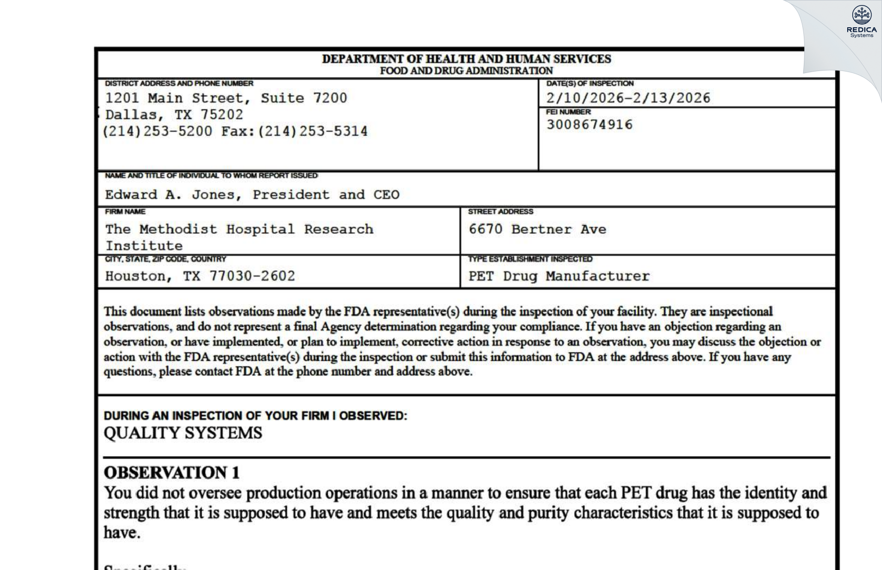 FDA 483 - The Methodist Hospital [Houston / United States of America] - Download PDF - Redica Systems