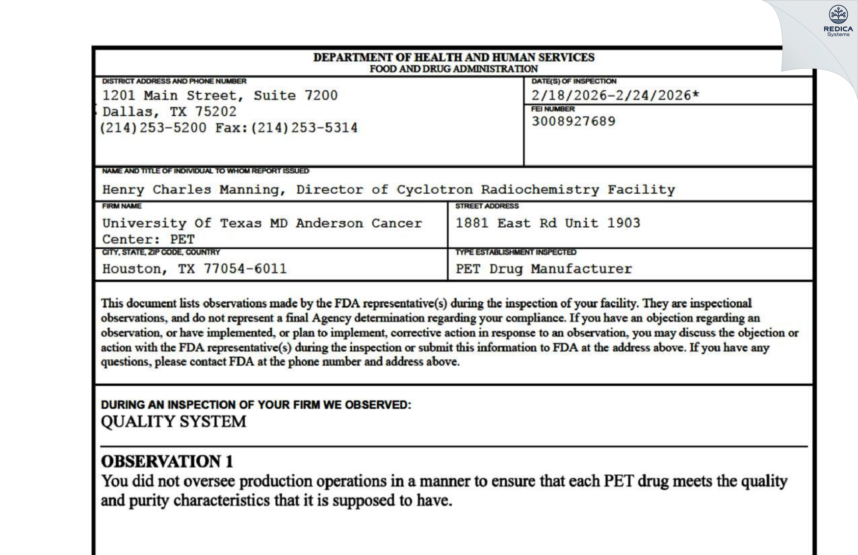 FDA 483 - University of Texas MD Anderson Cancer Center [Houston / United States of America] - Download PDF - Redica Systems