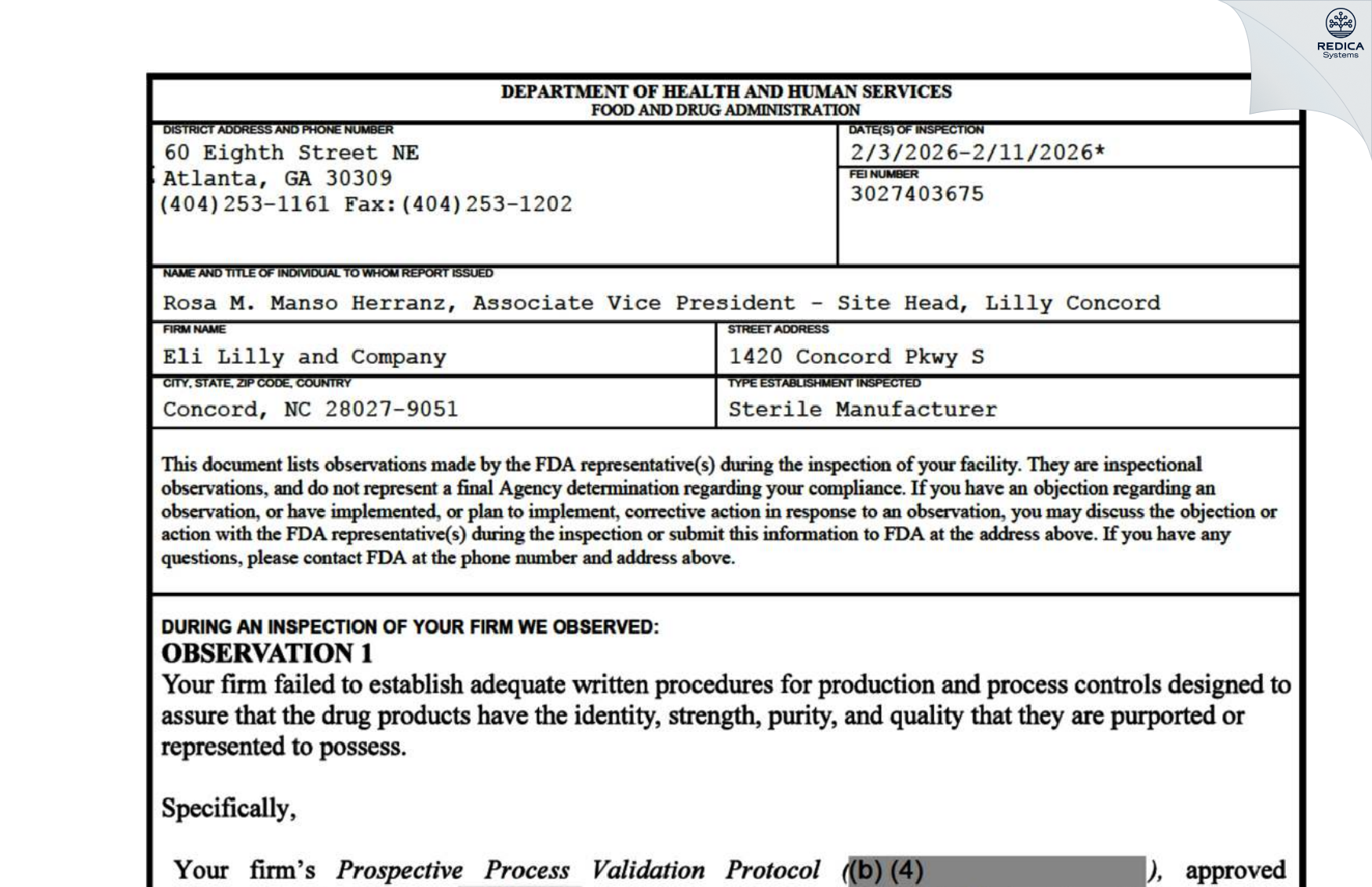FDA 483 - Eli Lilly and Company [Concord / United States of America] - Download PDF - Redica Systems