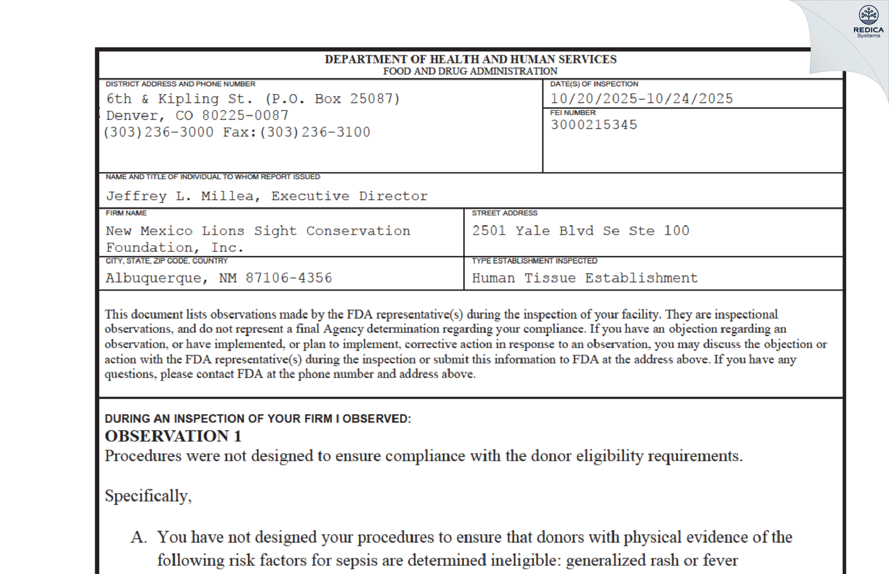 FDA 483 - New Mexico Lions Sight Conservation Foundation, Inc. [Albuquerque / United States of America] - Download PDF - Redica Systems