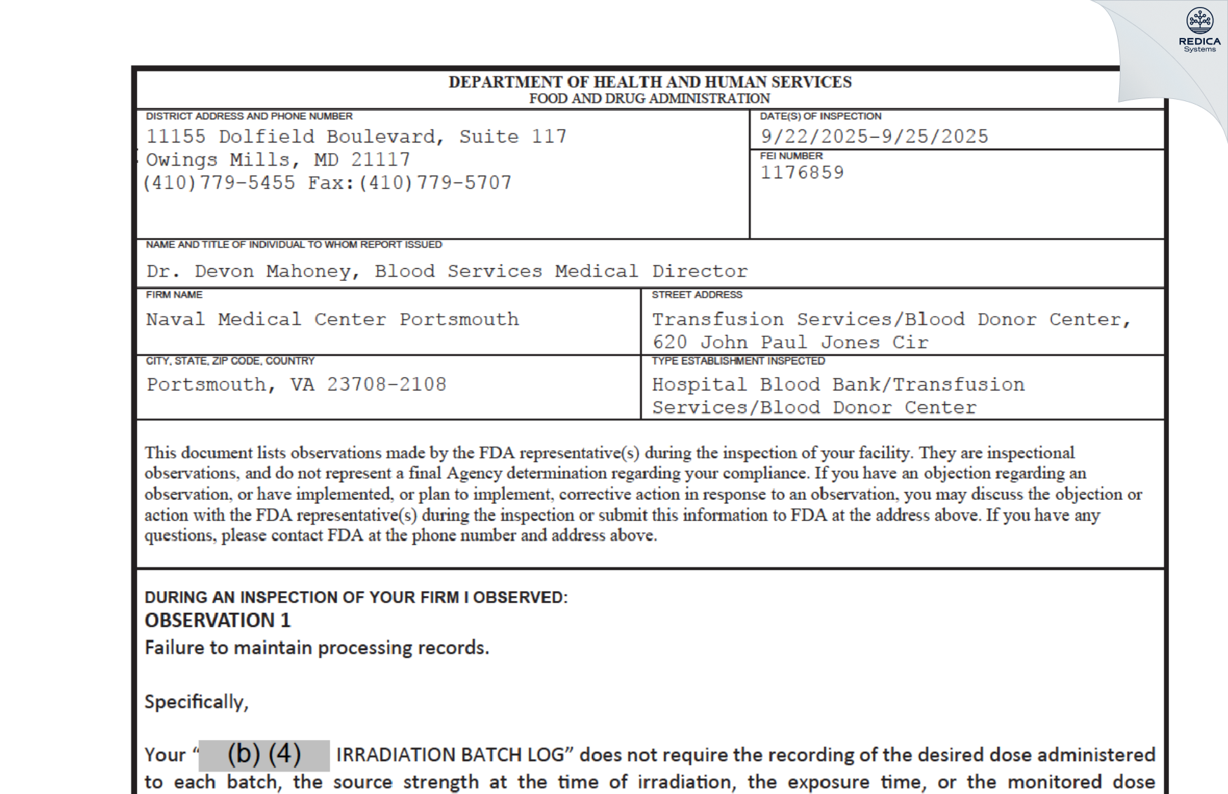 FDA 483 - Naval Medical Center Portsmouth [Portsmouth / United States of America] - Download PDF - Redica Systems