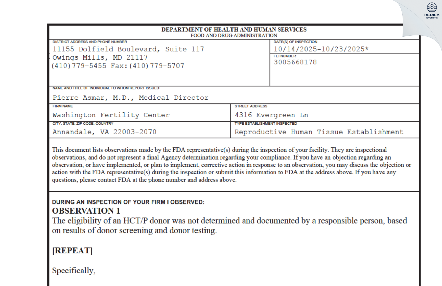 FDA 483 - Washington Fertility Center [Annandale / United States of America] - Download PDF - Redica Systems