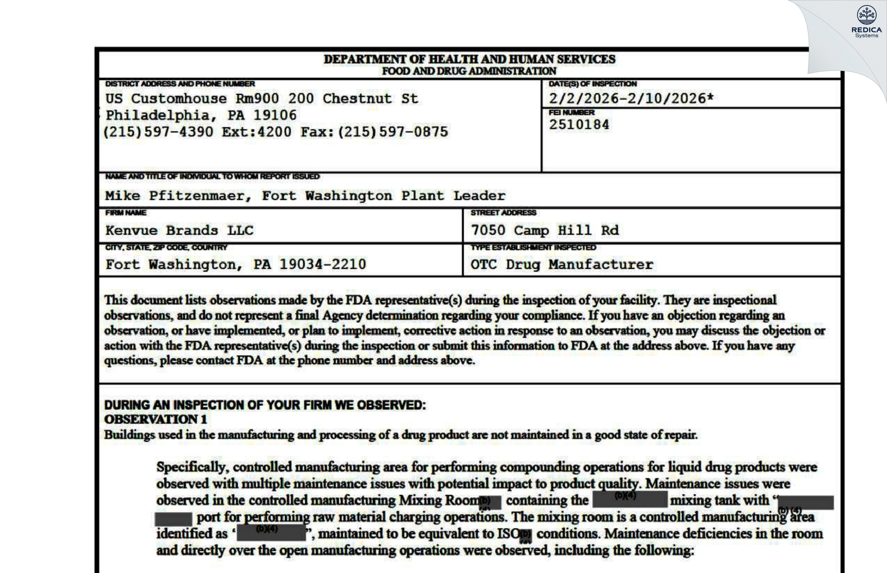 FDA 483 - Johnson & Johnson Consumer Inc. [Fort Washington / United States of America] - Download PDF - Redica Systems