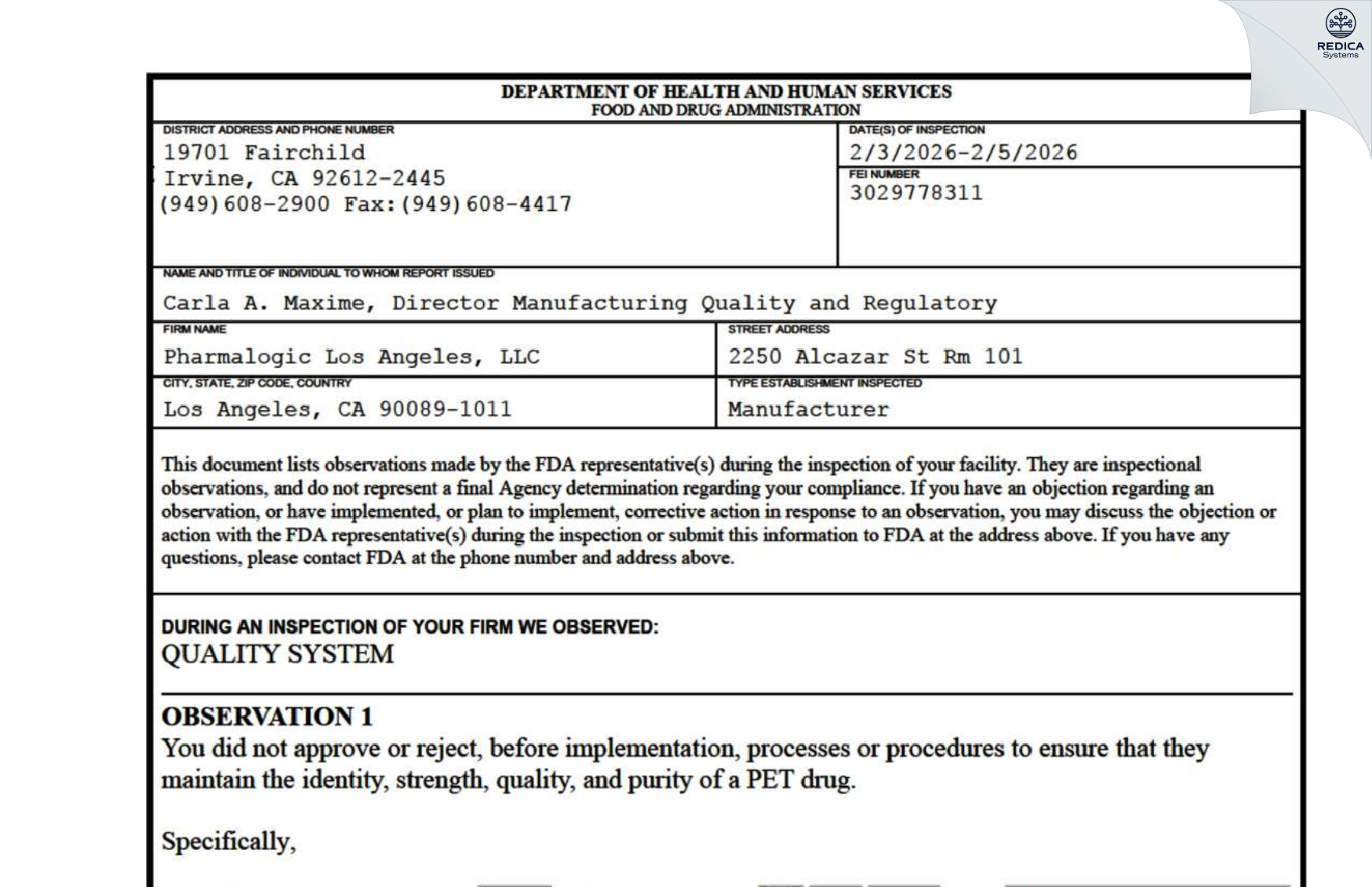 FDA 483 - Pharmalogic Los Angeles, LLC [Los Angeles / United States of America] - Download PDF - Redica Systems